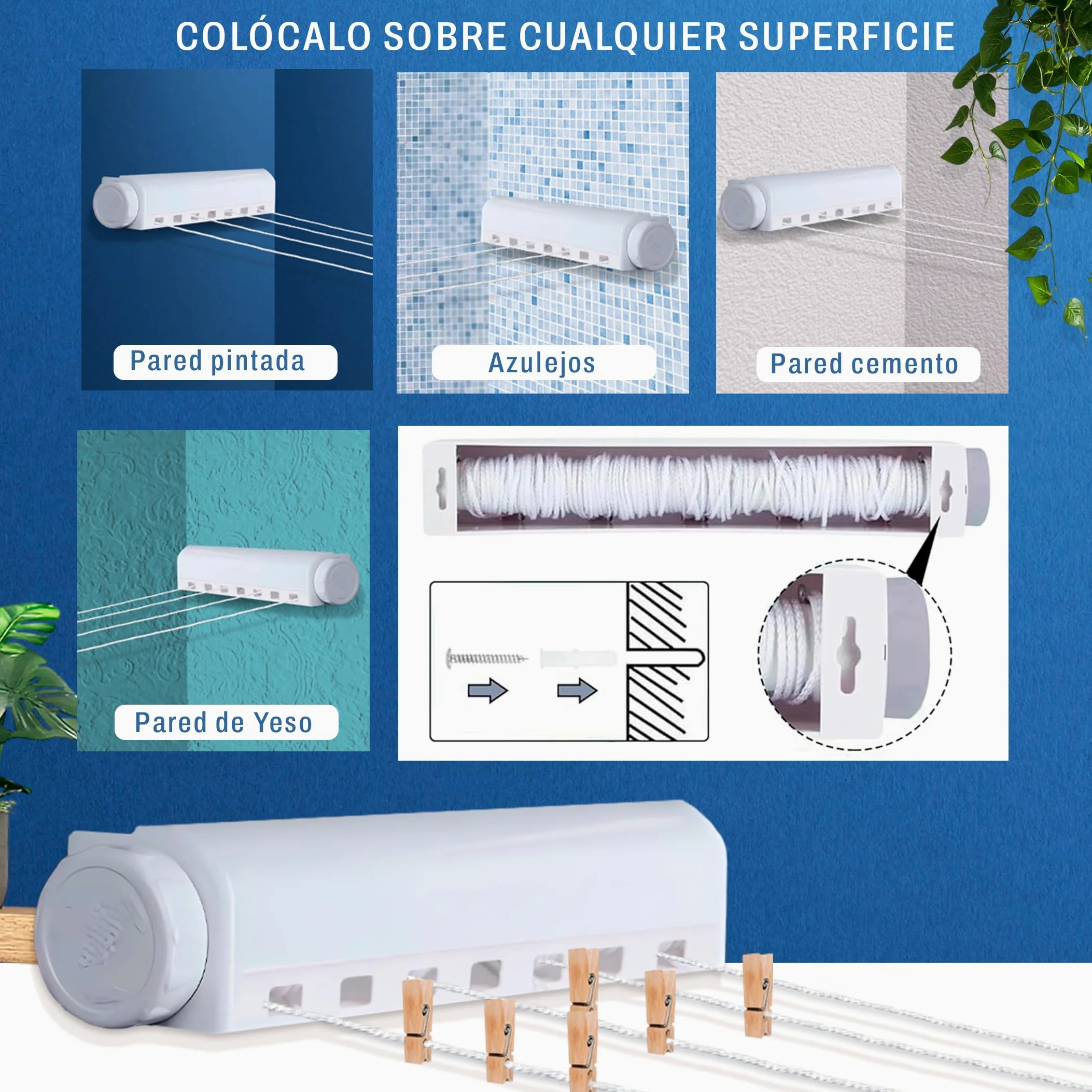 Pack Tendedero Extensible Pared con 4 Cuerdas de 3,2m Cada una,24 Pinzas y 20 m de Cuerda Extra Reforzado en Alambre de Acero 3mm, tendedero retractil, Cuerda tendedero Extensible, Incluye Tarjeta QR