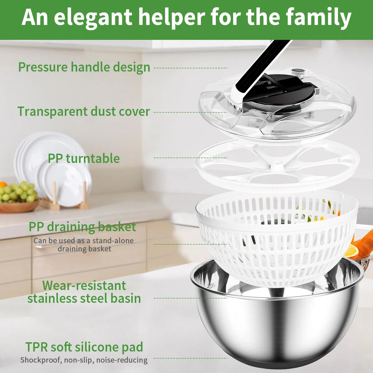 Centrifugador de Ensalada de Acero Inoxidable 4,5L Escurridor Ensalada Escurridor Lechuga Grande Centrifugadora De Verduras con base de Silicona Antideslizante para Lavar Frutas Centrifugar Pastas
