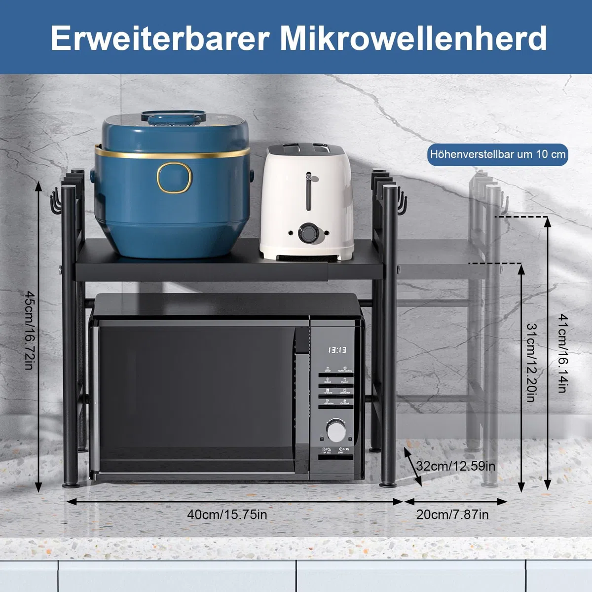 Estantería Extensible para microondas, estantería de Cocina, de pie, para microondas, de pie, Organizador de Cocina, con 6 Ganchos, para encimeras de Cocina