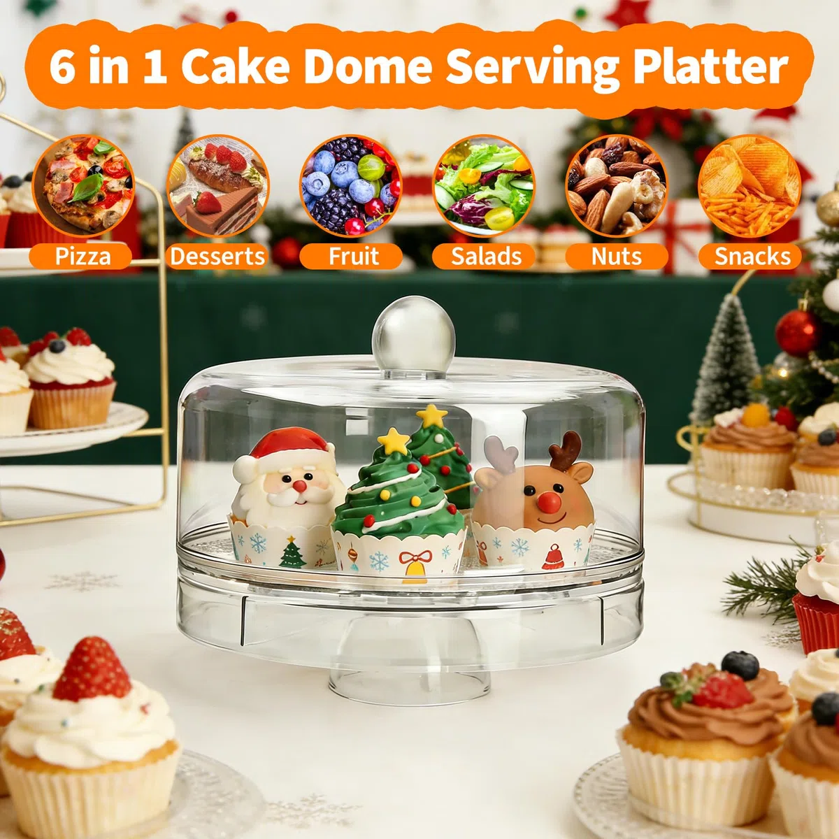 Bandeja para tartas con tapa, soporte para tartas 6 en 1 con pie, campana de plástico redonda, plato giratorio con pala de hielo y pinzas de cocina, plato de servir ensalada de aperitivos y