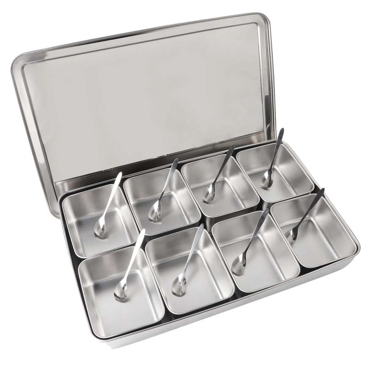 Caja de Condimentos de Acero Inoxidable con 8 Compartimentos, Recipientes Multiusos para Almacenamiento de Condimentos con Rejilla Interior Desmontable y Cuchara, para Especias