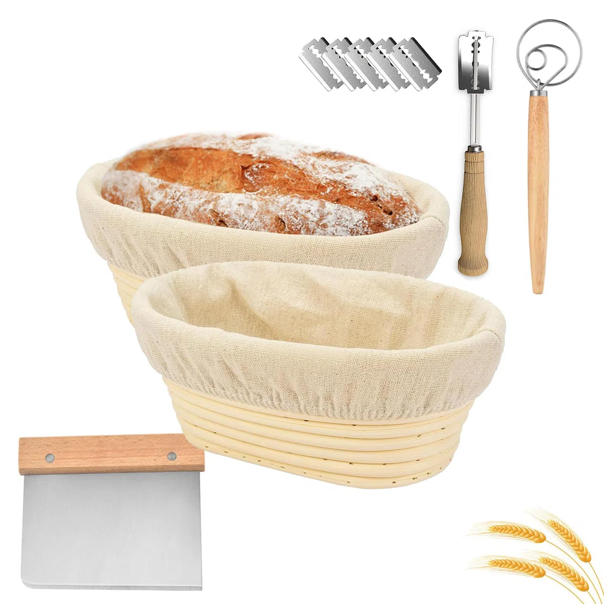 Cesta de Fermentación de Masas Ovalado,Ratán Natural,2 Piezas 12" Banneton Cuenco de Prueba,con Tela de Lino Panadero Antiadherente y un batidor de masa,para Hacer Baguettes,Pan,25*14*8.cm,Hasta 750g