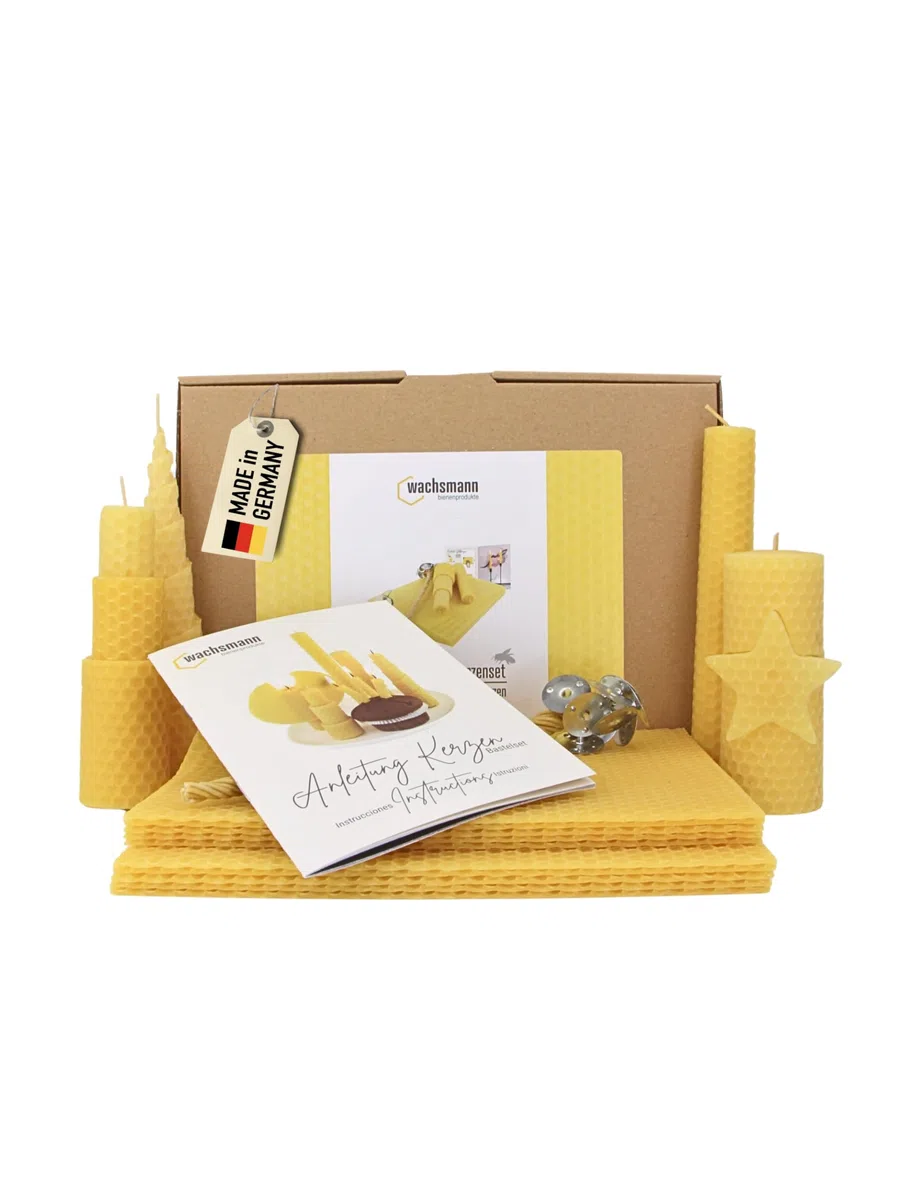 Wachsmann Set de bricolaje para hacer velas de cera de abejas – Kit de inicio para 10 velas en muchos colores – 100% cera de abejas pura de Alemania, incluye 10 mechas de cáñamo y manual ilustrado