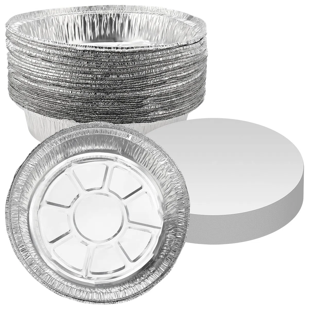 Paquete de 40 bandejas de papel de aluminio de 8 pulgadas con tapas de papel, bandejas redondas de papel de aluminio de 900 ml, recipientes redondos de papel de aluminio, bandejas de hornear