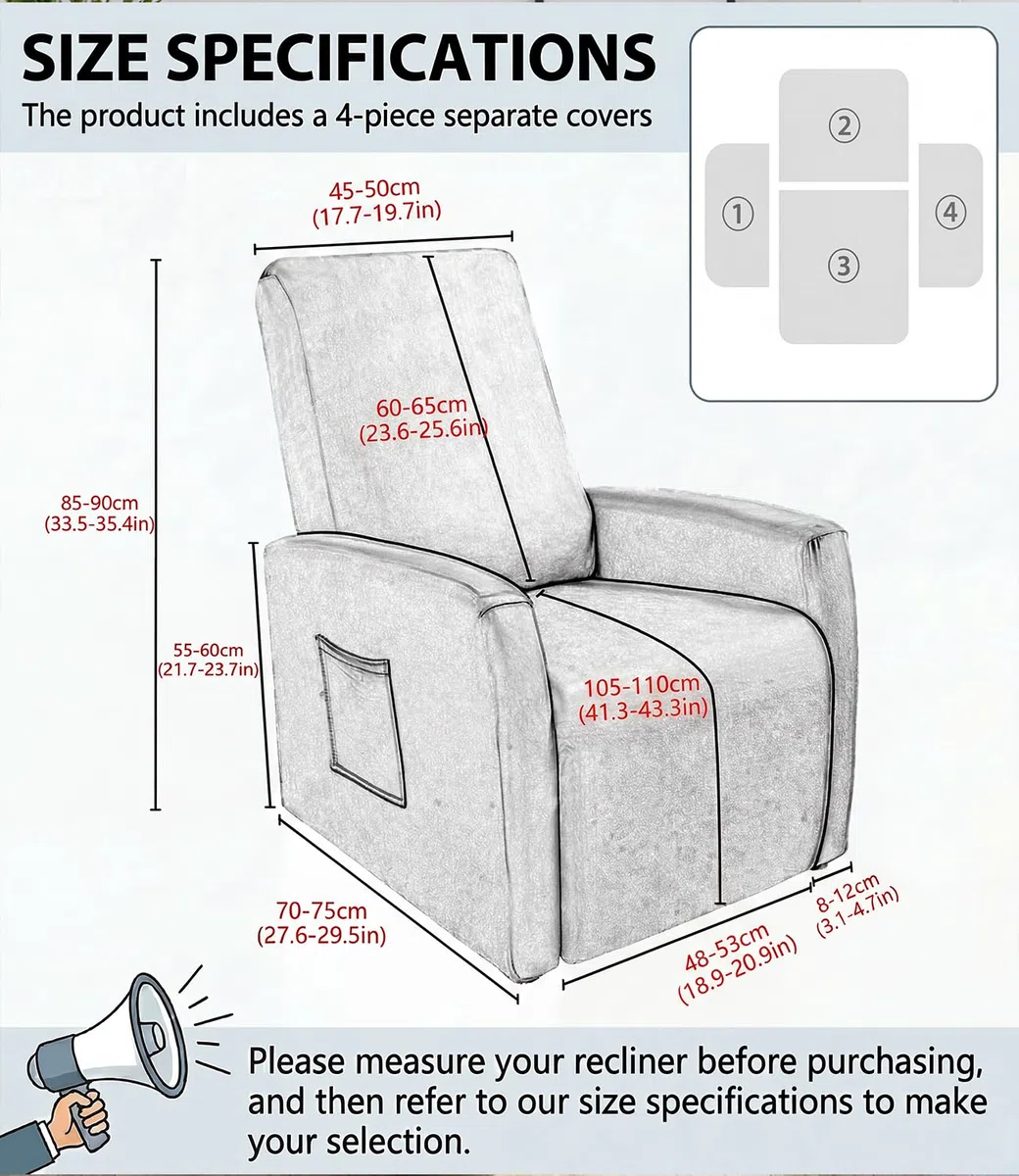 Highdi Funda Sillon Relax Reclinable, Elástica Funda Sillon Relax 1 Plaza, Gris Oscuro 4 Piezas Funda para Sofá Reclinable con Bolsillos Laterales Extraíble y Lavables
