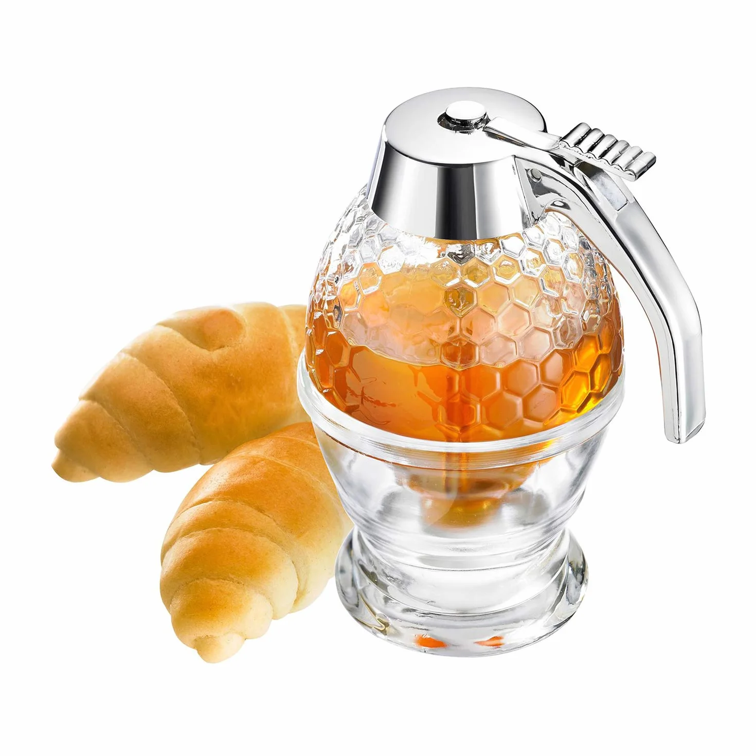 Westmark Dispensador de miel/sirope con soporte, Capacidad: 200 ml, Diseño de panal, Vidrio/plástico, de lujo, Transparente/plateado, 65132260