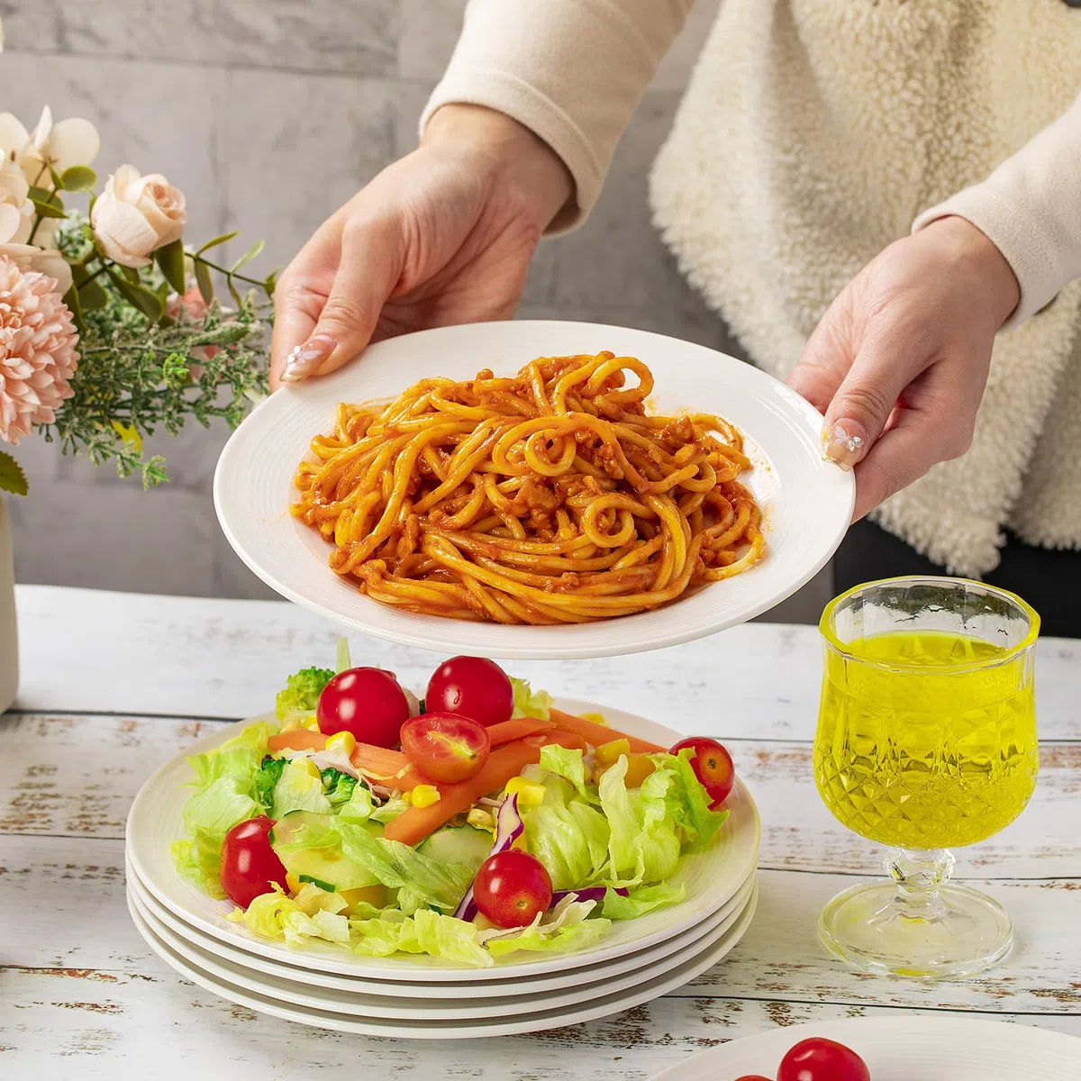 ZPPLD Juego de 6 Platos de Postre de Cerámica,Plato Llano De CeráMica Ø20,3 cm (8 inch), Platos Blancos para Postres, Plato De Pasta,Pasteles y Aperitivos Vajilla Para Lavavajillas Y Microondas (C)