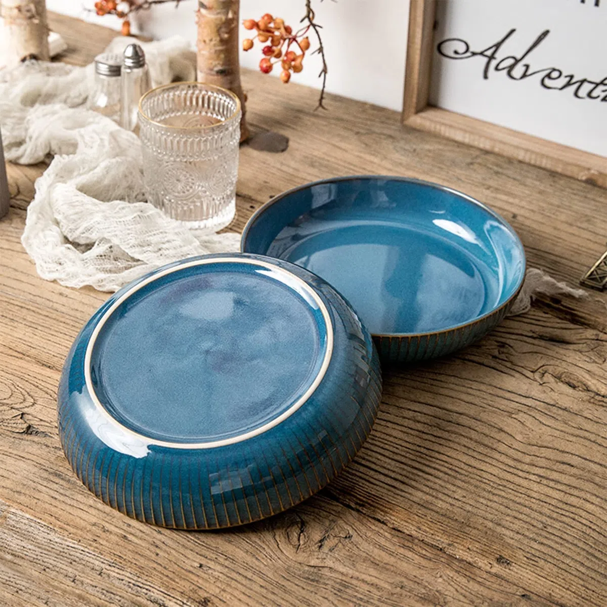 CSYY 21 cm Platos Hondos, 4 azules Platos para pasta, Platos Juegos de Porcelana, 1000 ml Platos llanos Platos para Ensalada Juegos