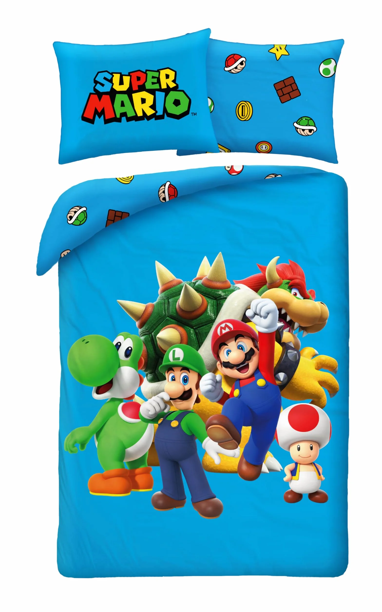 Juego de funda nórdica y funda de almohada, color azul Super Mario, 135 x 200 cm + 80 x 80 cm, con Mario, Luigi, Toad, Peach, Wario & Yoshi, talla alemana