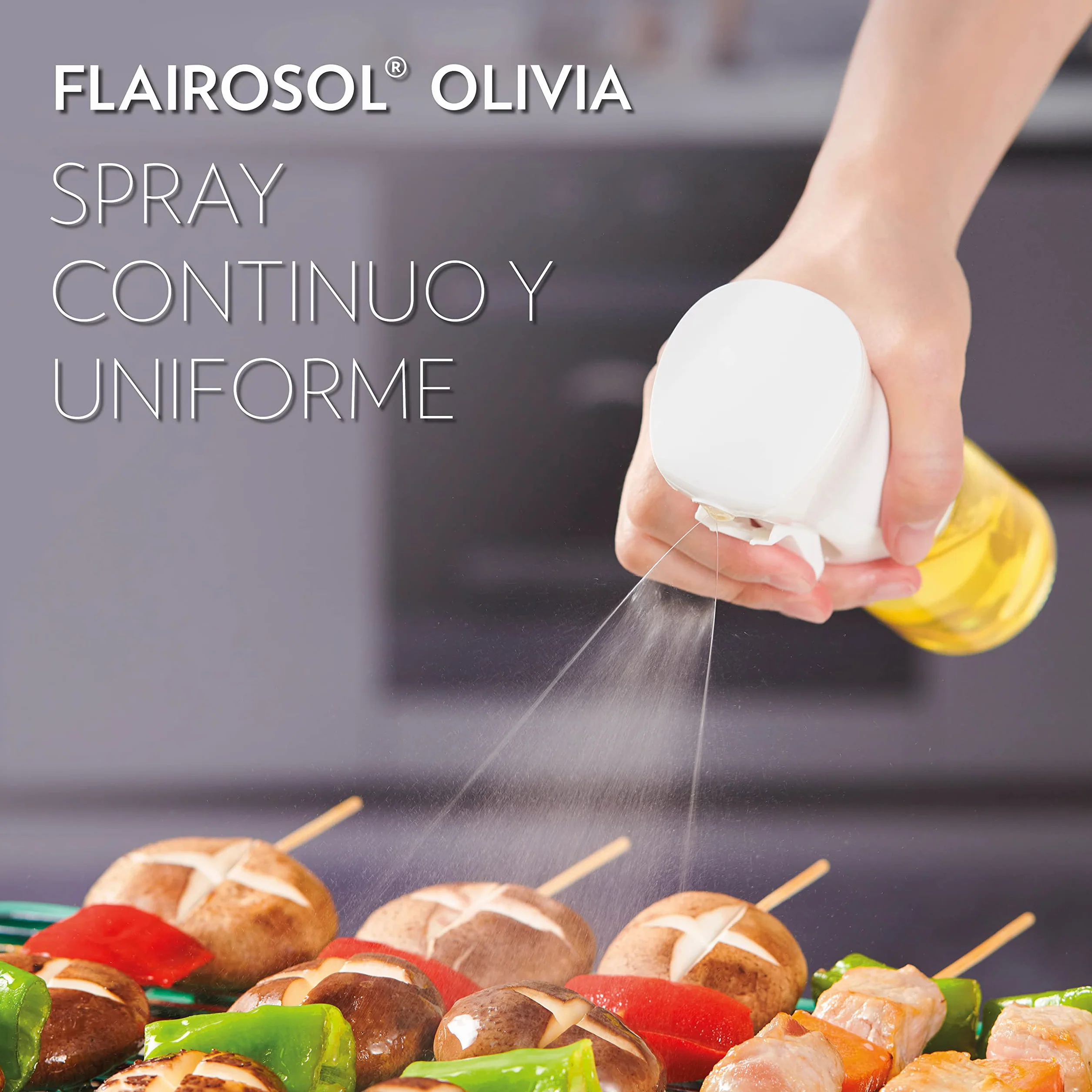 FLAIROSOL OLIVIA. El Pulverizador de Aceite Avanzado Original para Cocina, Barbacoas, Pulverización Continua con Control de Porciones, Confiado por Chefs. Tecnología Patentada.130 ml (Logo Dorado)