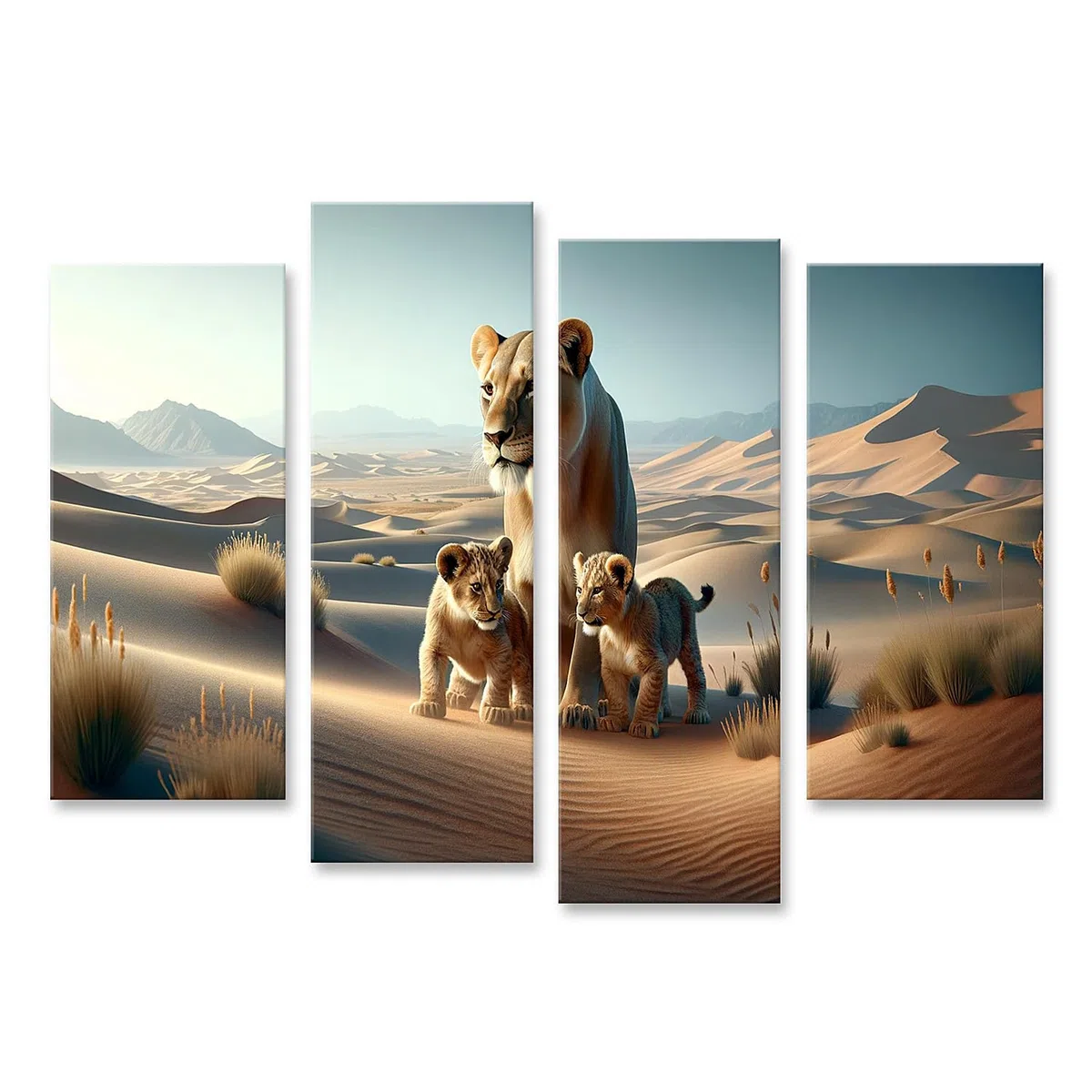 islandburner Cuadro sobre lienzo Madre León Con Sus Dos Jóvenes En Un Paisaje Desértico. La Imagen Está En Altitud Cuadros Murales Póster