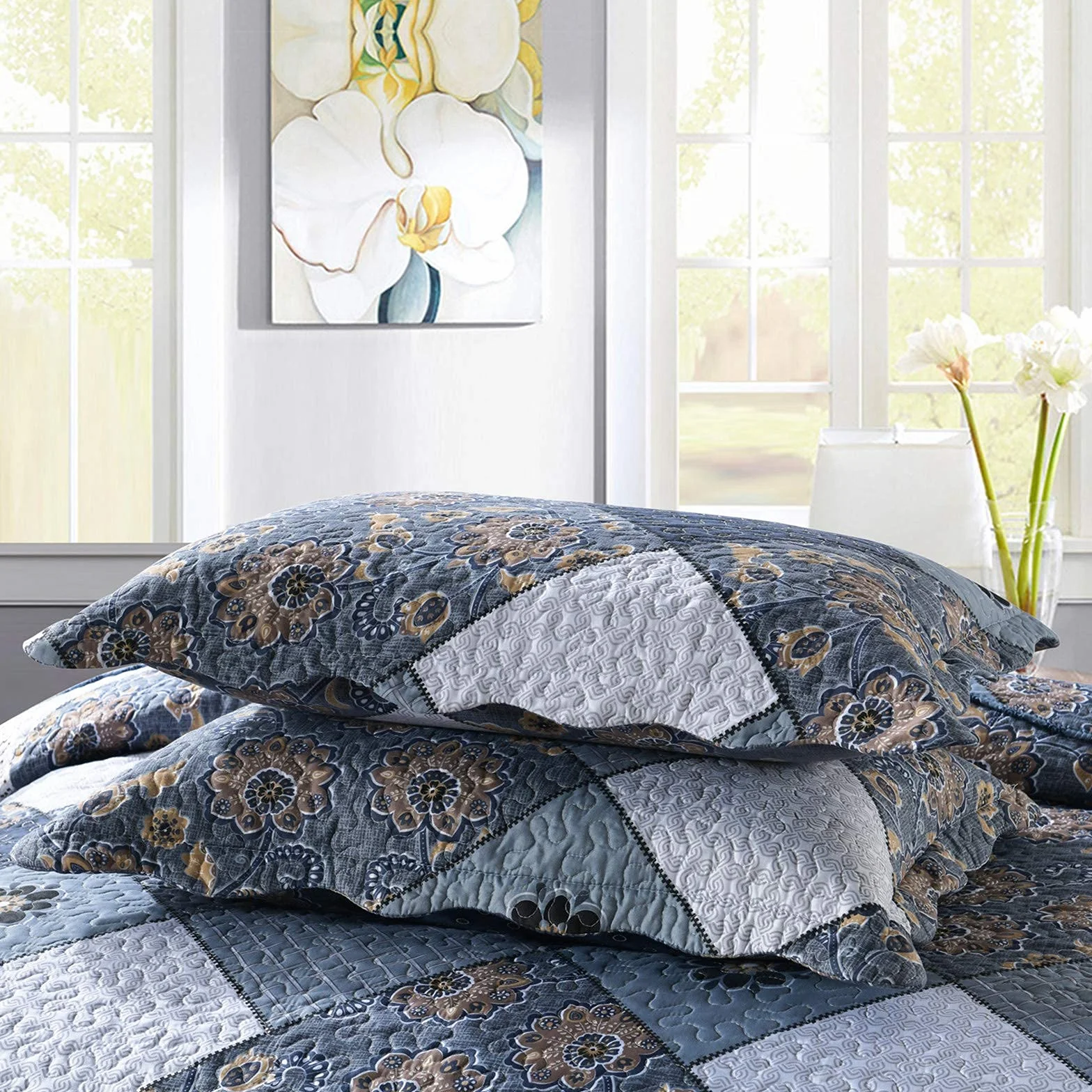 Qucover Cubrecama Patchwork para Cama 150 180,Colcha nordica bouti de piqué,Manta con Fundas de Almohada,Retazos Reversible para Matrimonio Verano King Size (Patchwork Azul, 230x250cm+50x70cm*2)