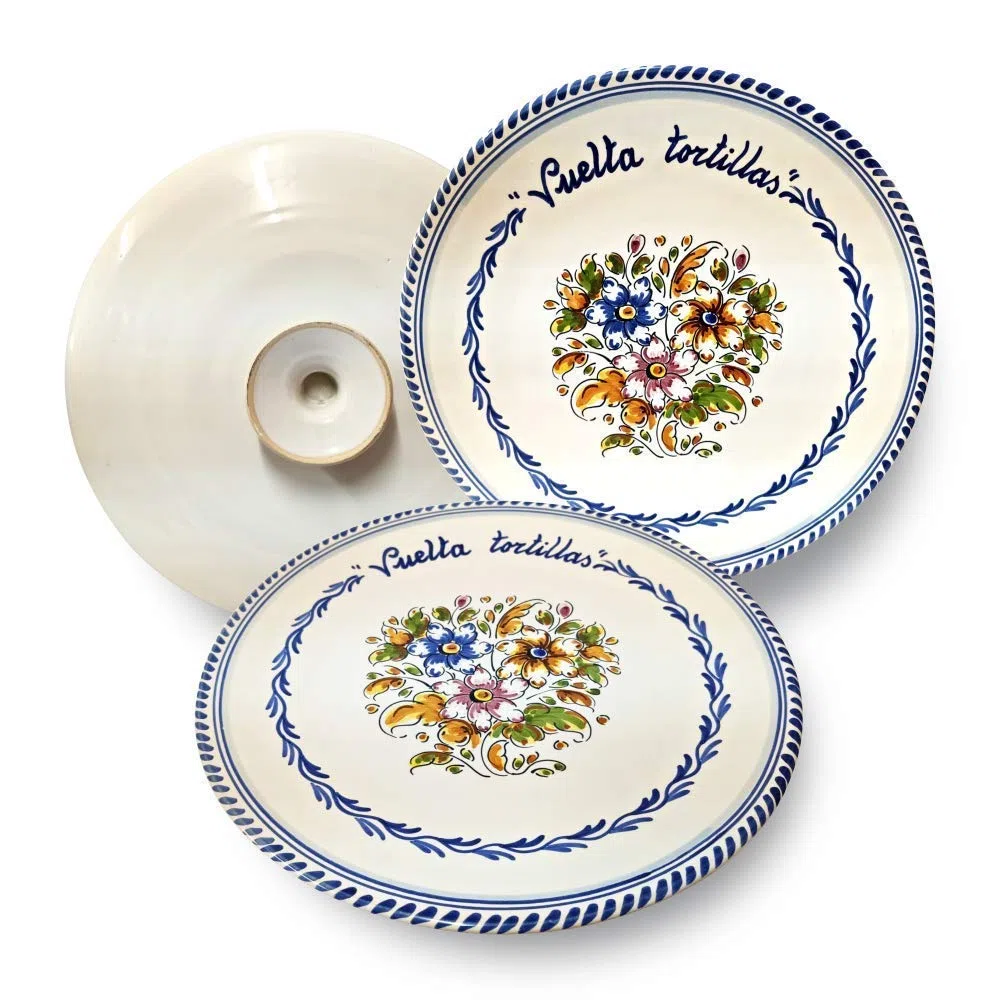 Gónfer - Tapa Plato Volteatortillas Girar Dar Vuelta Tortilla Patata - Cerámica Artesanal - Diámetro 28 cm (Flores)