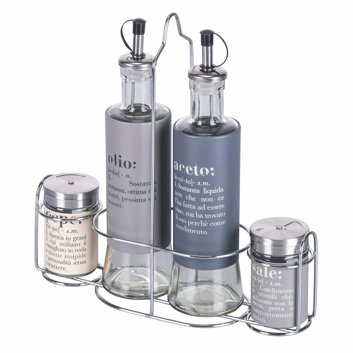 Villa d'Este Home Tivoli Victionary - Juego de condimentos de aceite, vinagre, sal y pimienta de vidrio y acero inoxidable, soporte de acero, color gris