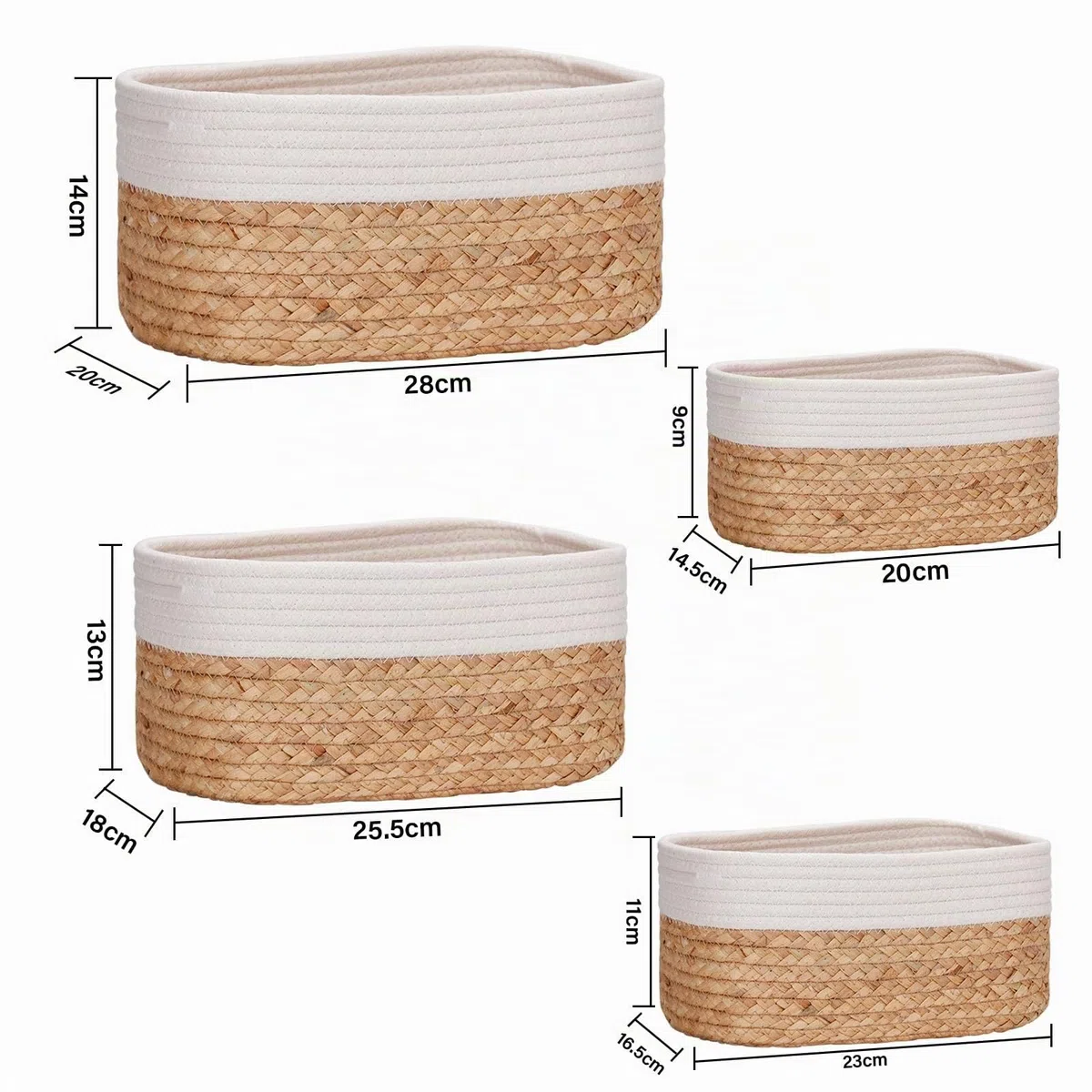 Cesta de almacenamiento, 4 cestas trenzadas, juego de jacinto de agua y algodón, caja organizadora para baño decorativa, baño o dormitorio
