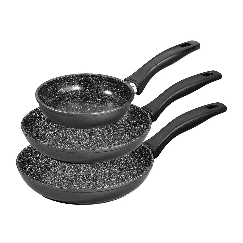 Artwelt Sartenes con revestimiento de granito y mango resistente al calor, antiadherente, de aluminio, color negro y apto para lavavajillas, sin PFOA, 3 piezas, 20/24/28 cm