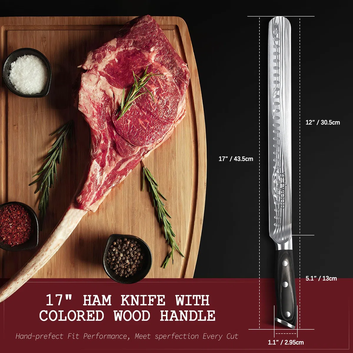 YFWOOD Cuchillo jamonero, cuchillo rebanador afilado de 30 cm, para salmón, para kebab, para carne y barbacoa, diseño de mango ergonómico, caja de regalo