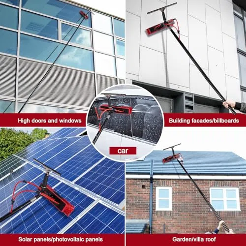 Kit de Limpieza con pértiga de Agua – Cepillo de Aluminio de 15 m con dispensador de jabón, rasqueta y Manguera de 20 m – Ideal para Lavar Paneles solares y Limpiar Exteriores.