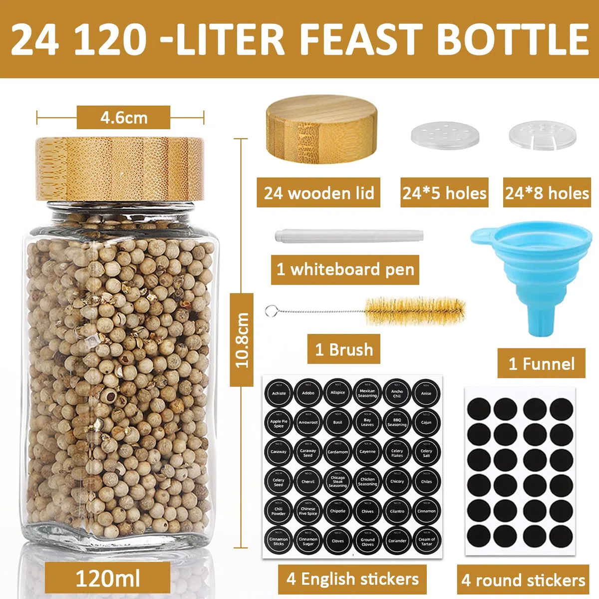 FAMKEEP 24pcs Botes Especias Cristal,Cuadrado Spice Jars con Tapa de Madera, Tarros Especias incluir Embudo,Tamiz,Etiqueta para Especias y Bolígrafo