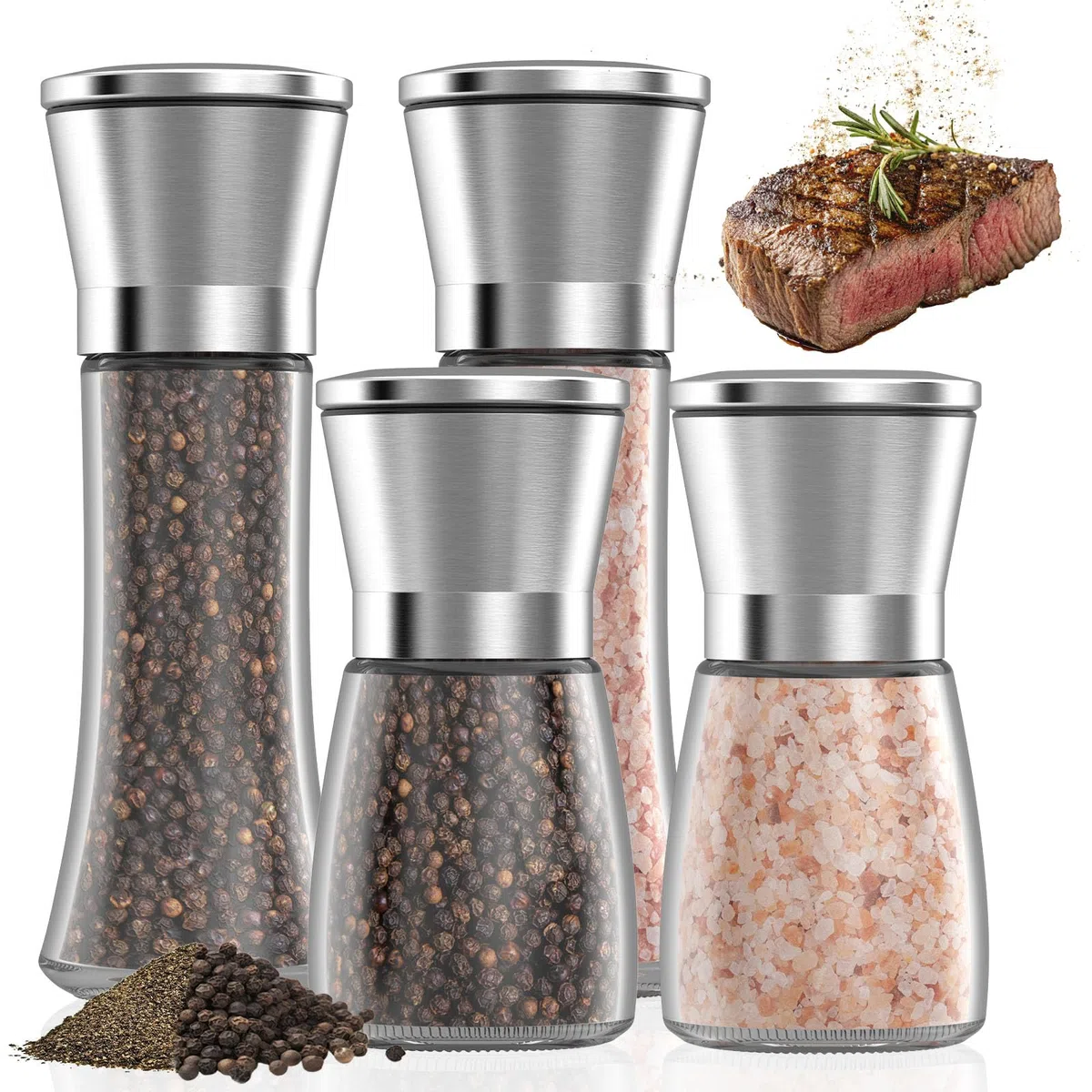4 Piezas Molinillo de Especias,Salero y Pimentero Ajustable Spice Mill Set,Acero Inoxidable y Vidrio,Núcleo Abrasivo Cerámico,Ideal para Moler y Rellenar Sal,Pimienta y Chile