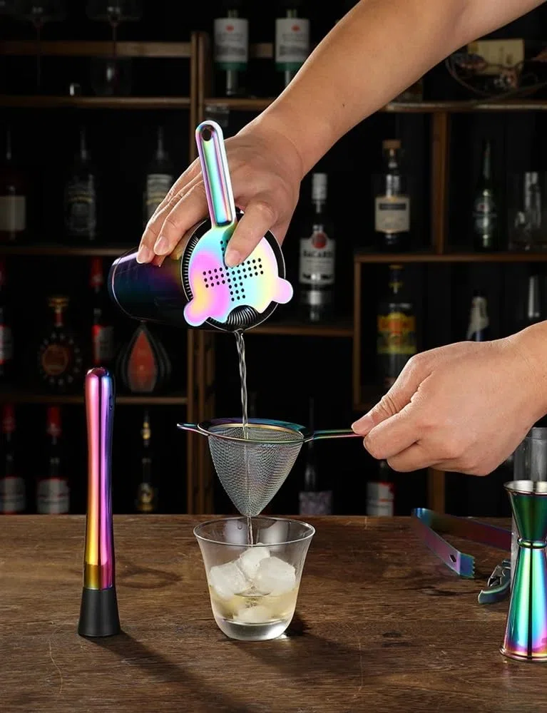 Juego de colador de cóctel, Aparejo, mortero y Cuchara, Pinzas for Hielo y 2 vertedores, Juego Profesional for Hacer cócteles for Amantes de los cócteles(BlackWstand)