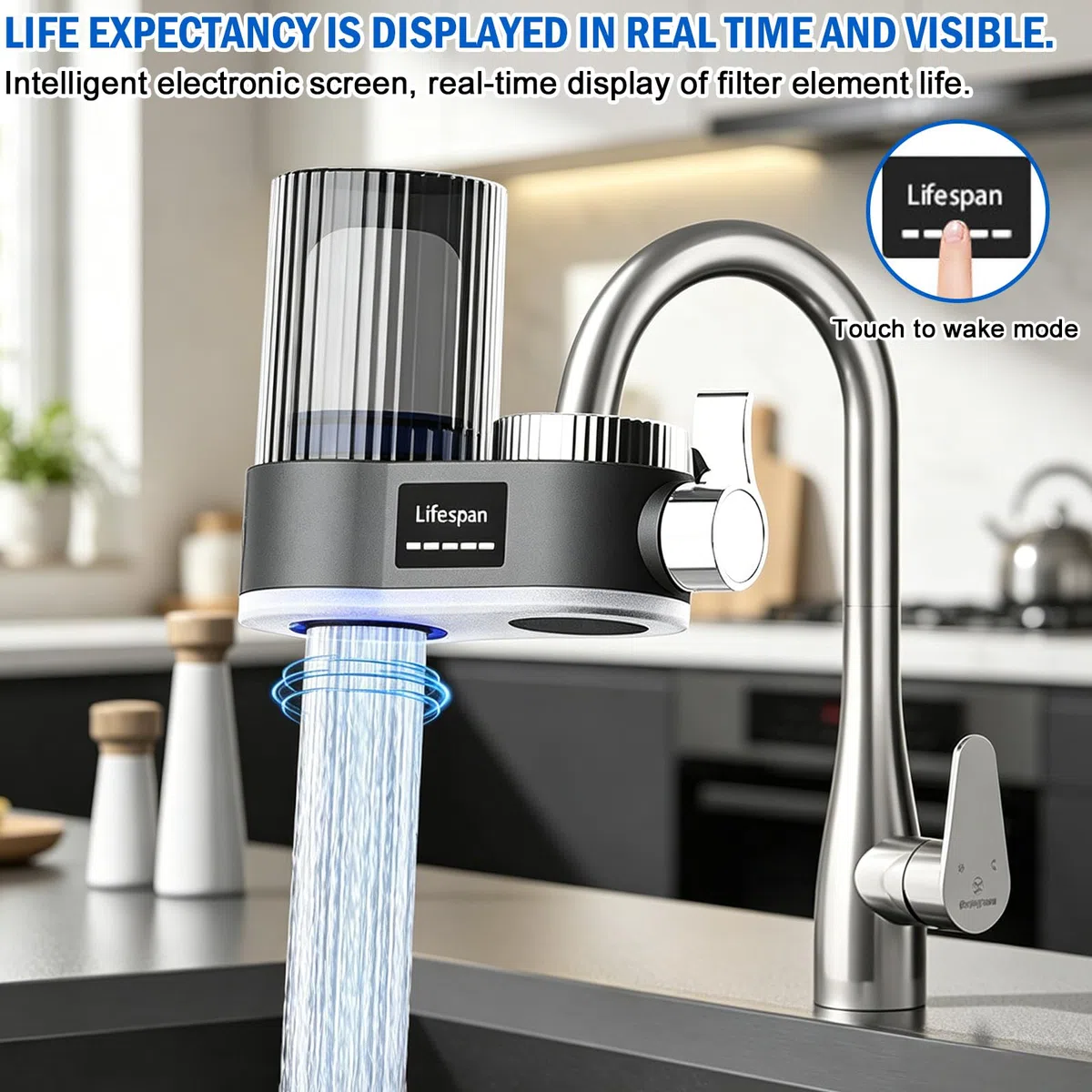 Filtro de agua para grifo con indicador LED, filtro de agua potable, elimina el cloro, metales pesados, esterilización UV, filtro de agua del grifo (con 2 filtros) para cocina, viajes, mascotas