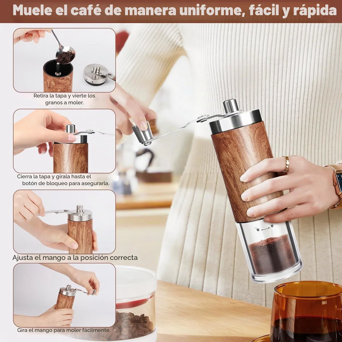 MXTIMWAN Molinillo Cafe Manual,Coffee Grinder,Molinillo de Café Portátil,Grado de Afilado Ajustable,Moledor de Cafe,Manual Molinillo de Café Con Cepillo de Limpieza,Molinillo para Casa y Exteriores