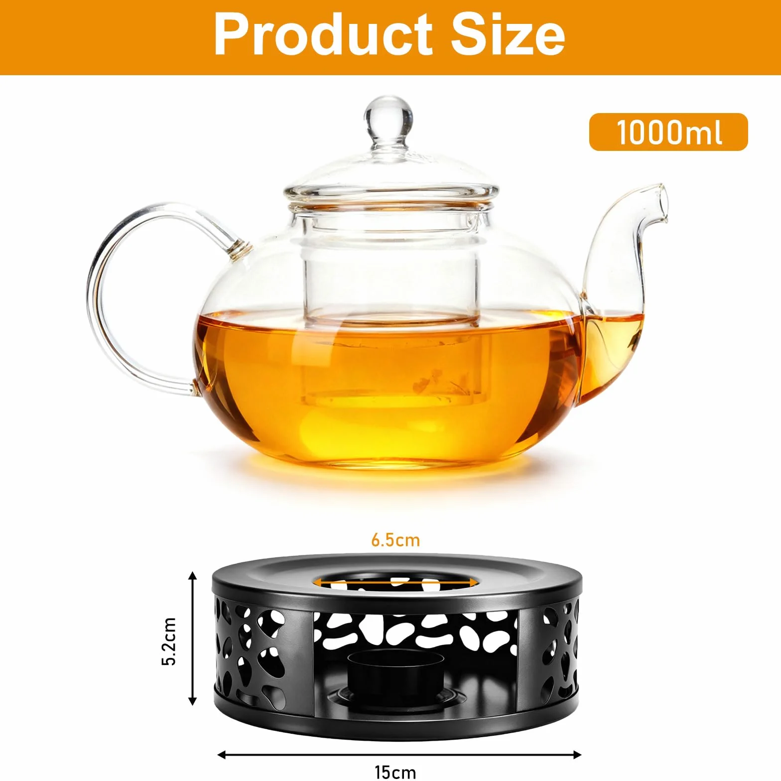 Tetera de cristal de 1000 ml con calentador negro de acero inoxidable, tetera de cristal con colador de cristal y tapa, ideal para preparar té suelto, adecuada para el hogar y la oficina