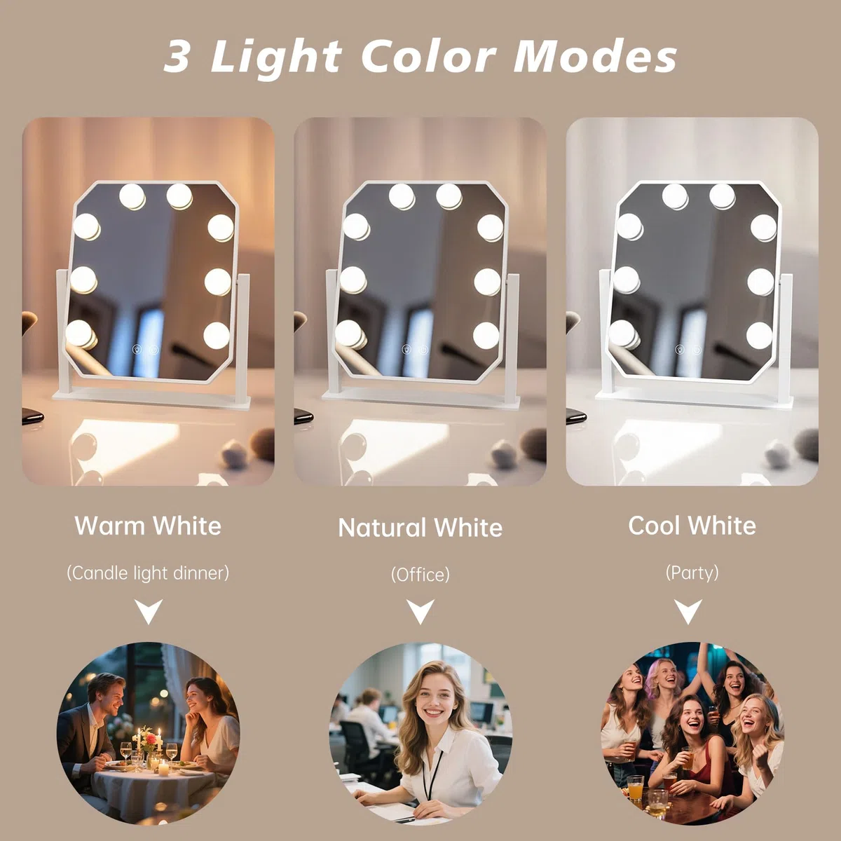 Espejo Tocador con Luz LED,Vanity Mirror Hollywood,Regulable,3000K/6000K, Espejo Maquillaje con Luz,Espejo Tocador de Mesa,Blanco,300x250mm