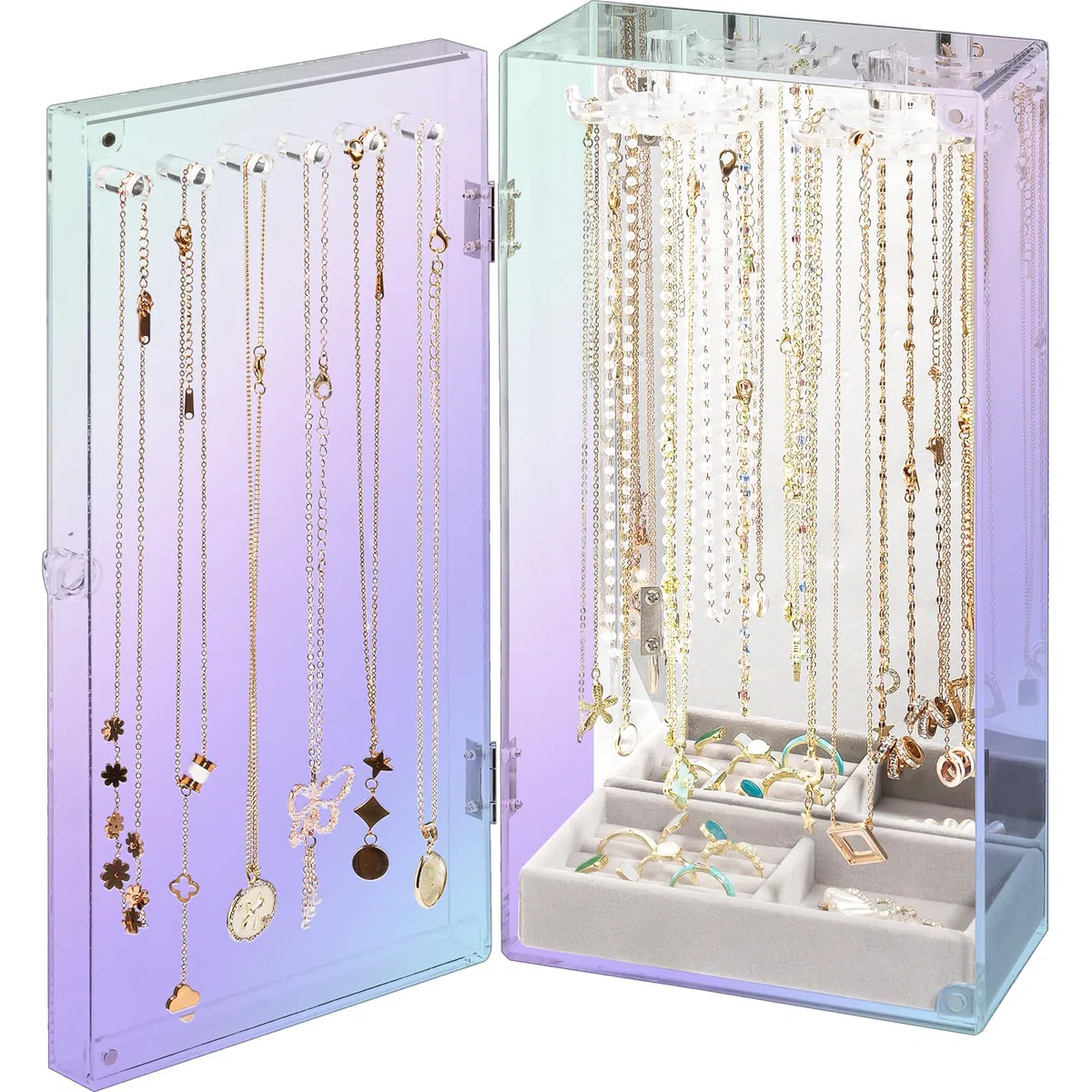Lolalet Soporte Acrílico para Joyas, Caja Organizadora de Joyas Transparente Anti polvo con 24 Ganchos Estante para Almacenamiento para Collares con Bandeja de Terciopelo -Espejo Laser