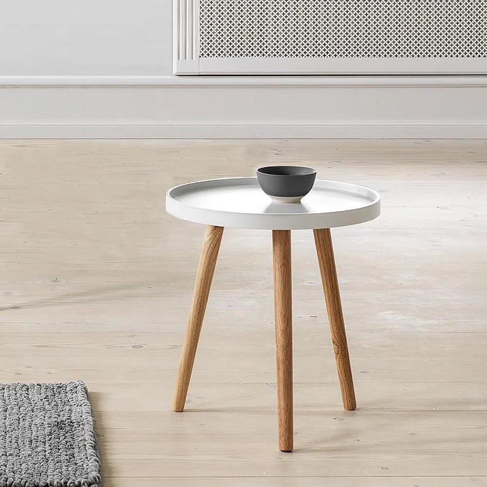 LOLAhome - Mesa Auxiliar de Polipropileno Blanco con 3 Patas de Madera de 40 cm de Diámetro y 43 cm de Altura Moderna para Salón o Dormitorio