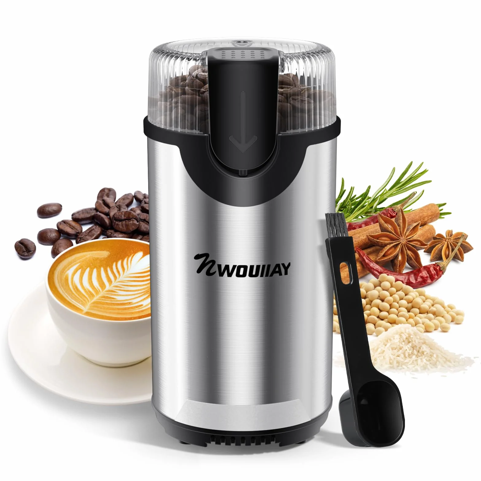 Molinillo de Café Eléctrico 300W Molinillo Multifunción Capacidad 80g Cuchillas de Acero Inoxidable con Cepillo de Limpieza Botón de un Toque para Café Especias Fácil de Usar y Limpiar para Uso Diario