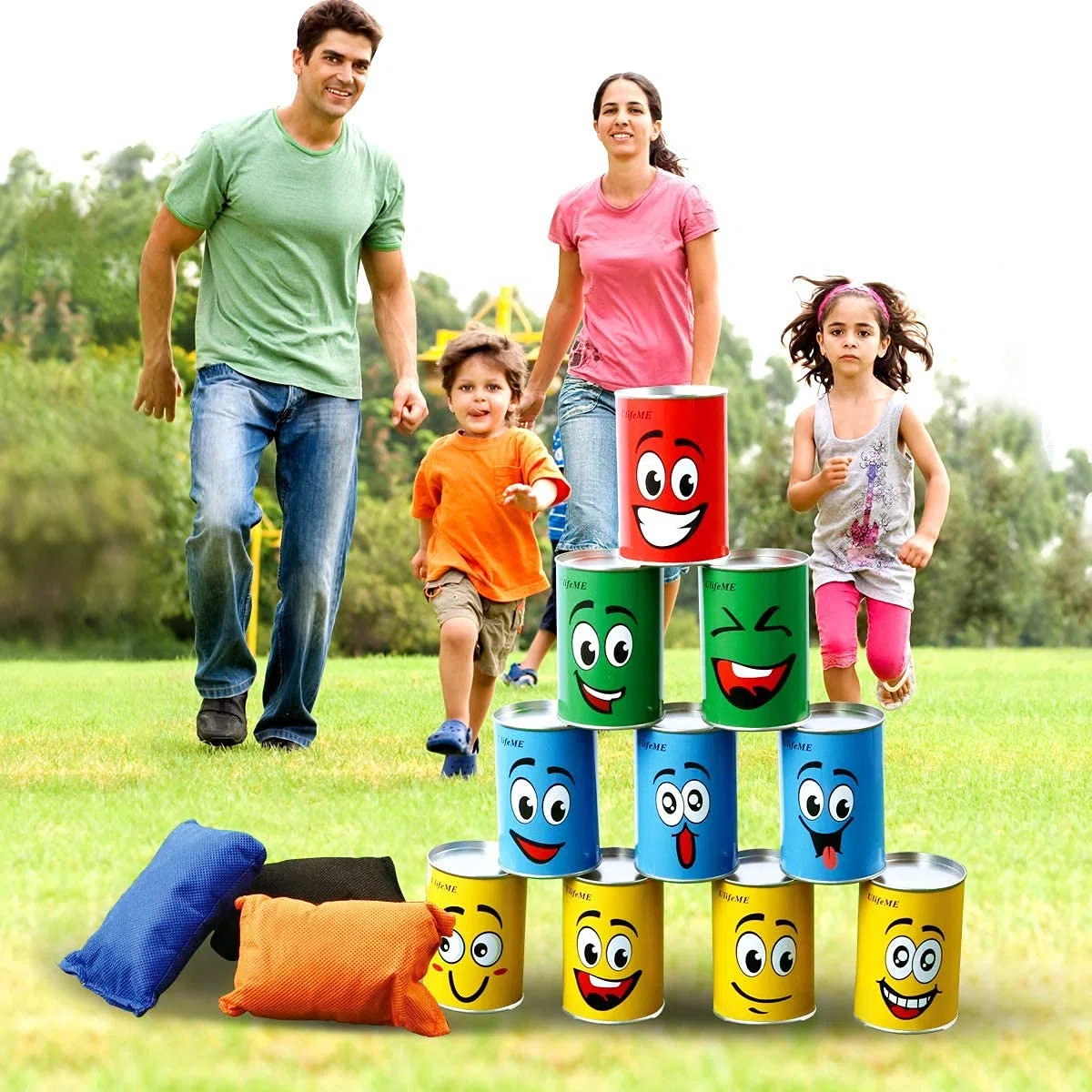 Lanzar latas para niños, Juego de Lanzamiento para Nacimiento Infantil y Otras Fiestas, 10 latas de Sonrisa y 3 Bolsas de Basura Coloridas, Juego para Juegos de jardín, latas de Lanzamiento,