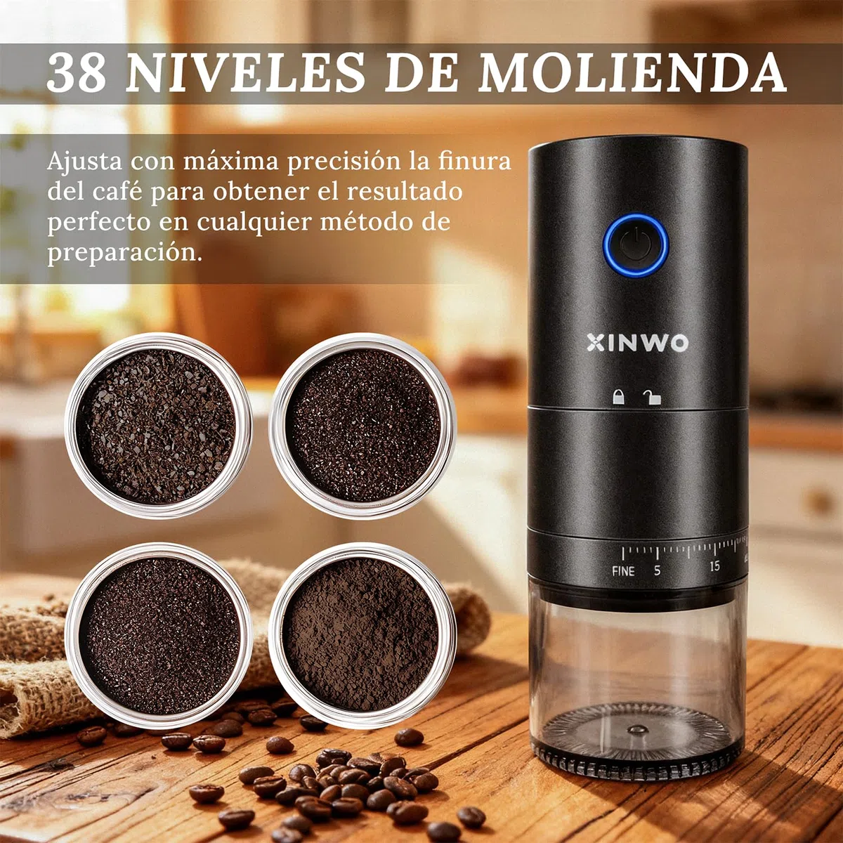 Abidjan | Molinillo de Café Eléctrico Recargable - 38 Niveles de Molienda, Muelas Cónicas de Cerámica, Doble Compartimento - Molido Fino a Grueso (0.1–4mm), USB-C - Negro Mate.