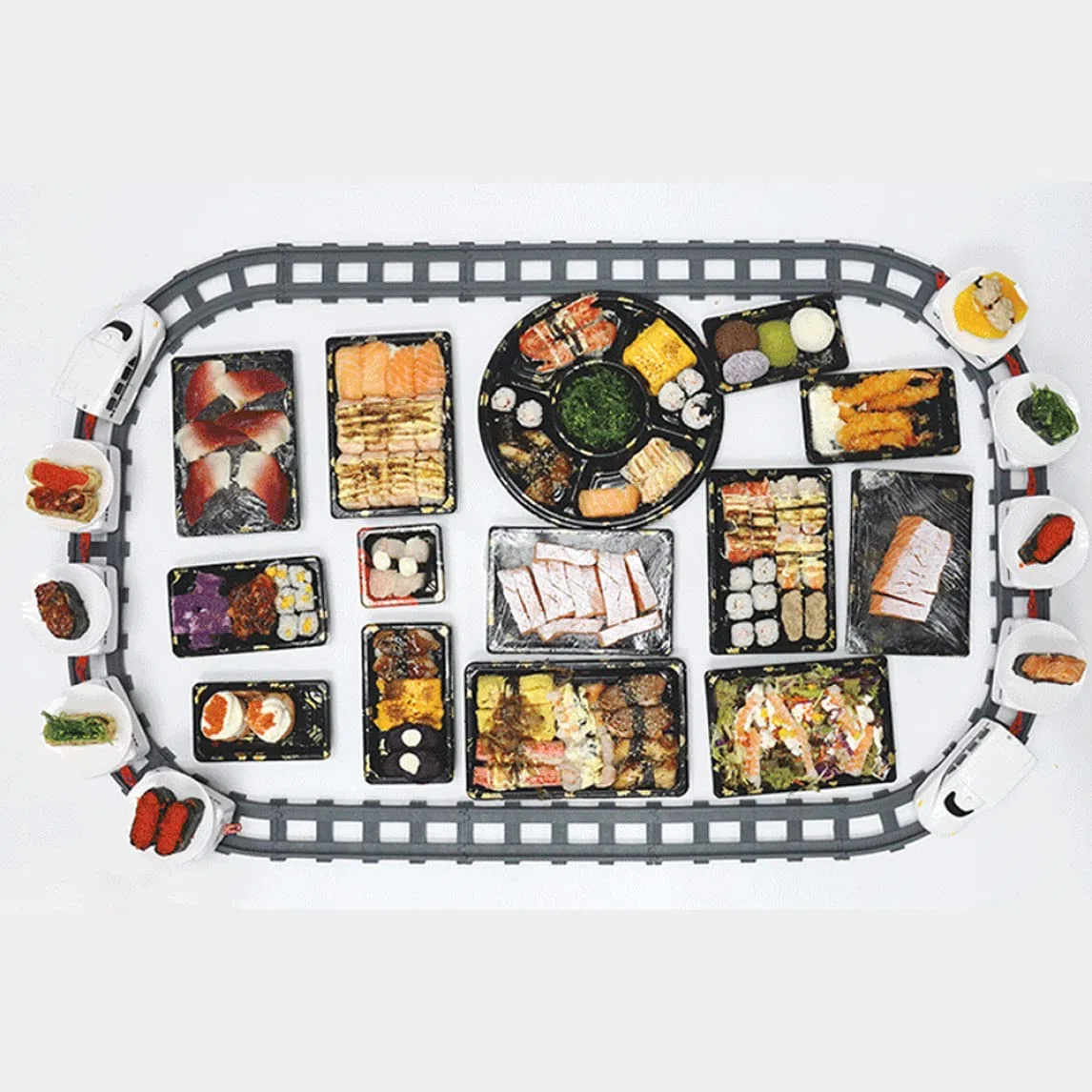 Tren de sushi para mesa de comedor | Juego de máquina rotativa eléctrica de tren de sushi con cinta transportadora de riel, comida y bandeja para servir Mesa alimentada por batería para fiesta, exhib