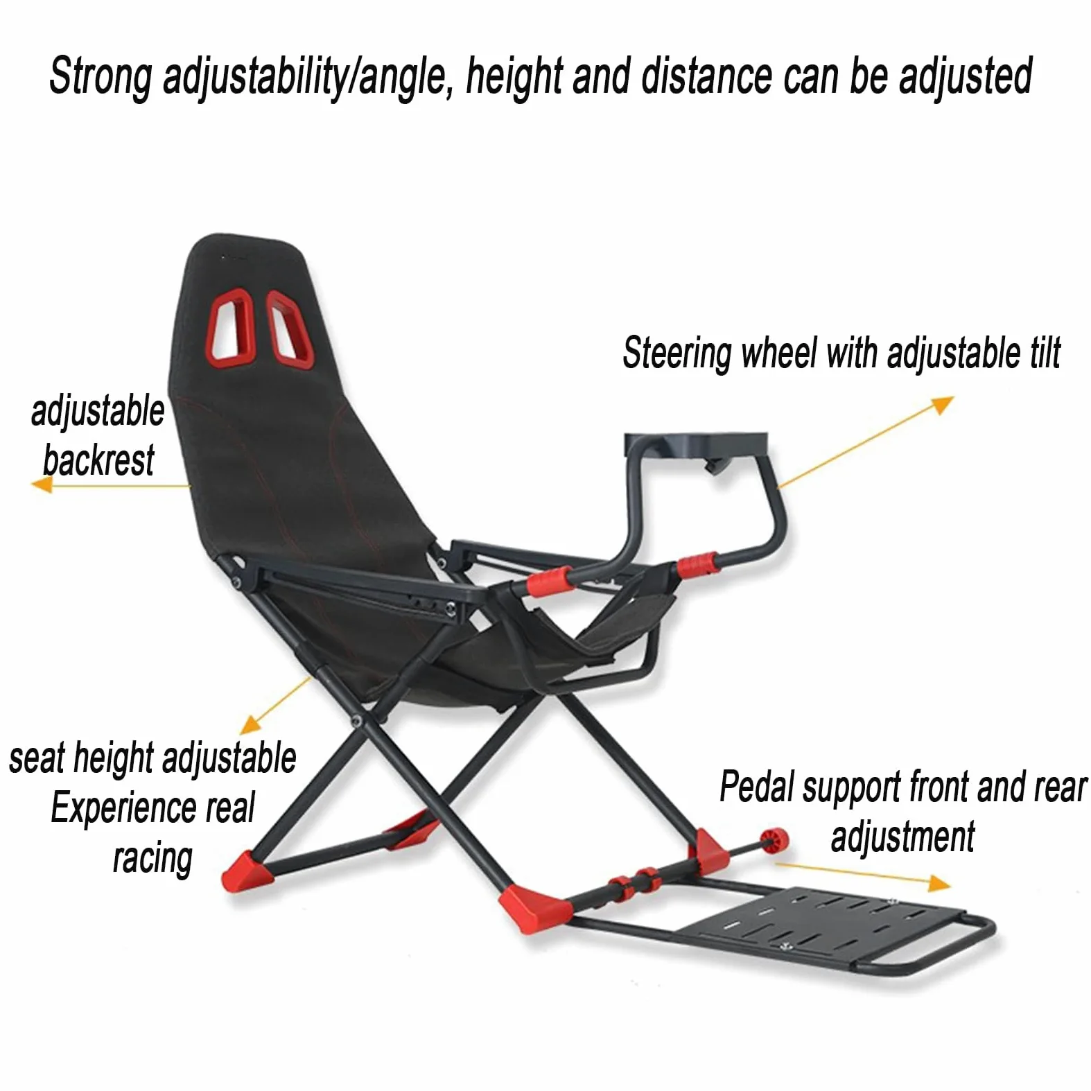 Cabina de simulador de carreras con soporte de rueda ajustable y asiento ergonómico, diseño plegable para consolas de juegos y PC