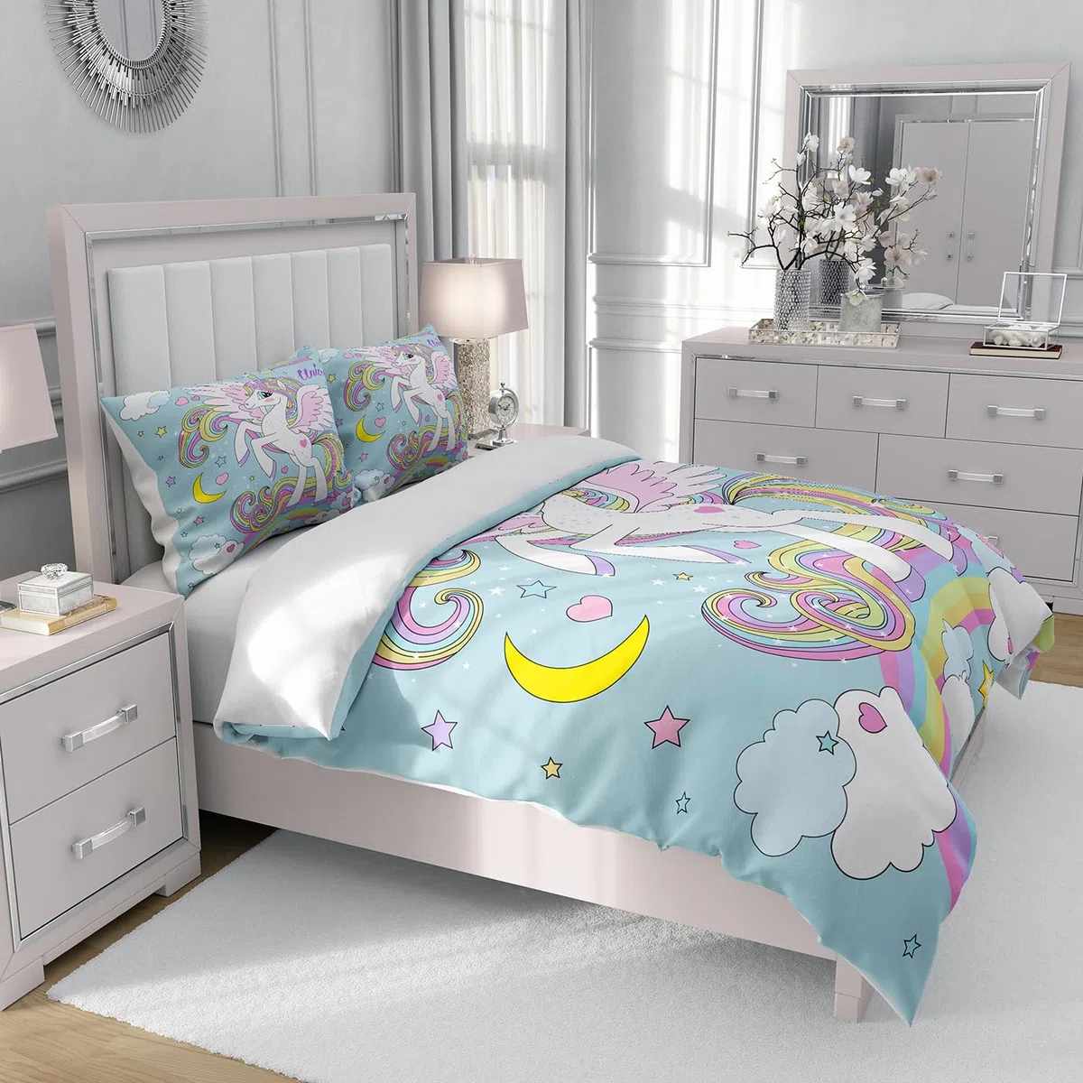 Juego de Ropa de Cama para niña con Unicornio Rosa,Juego de Funda nórdica Infantil con Estampado de Unicornio de Dibujos Animados,con arcoíris,Nubes y Caballos (135 x 200 cm, C)