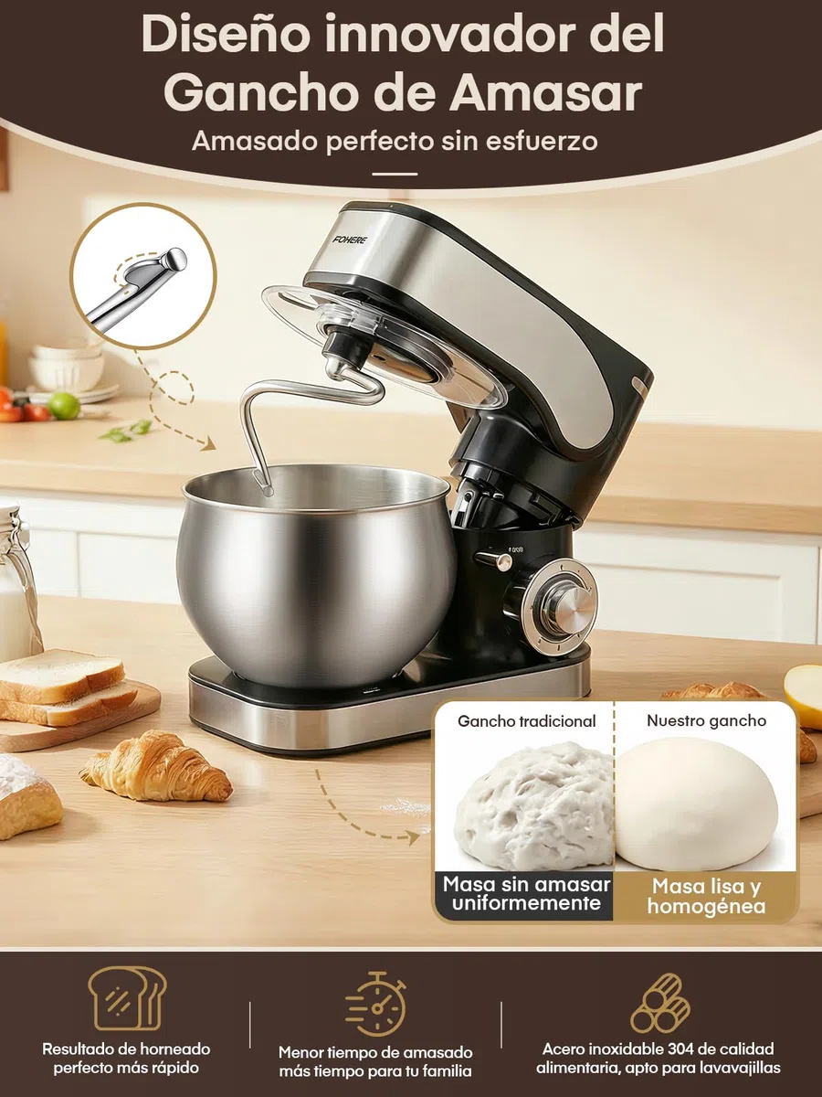 Batidora Amasadora con 5L + 3L Doble Bol de Acero Inoxidable | Gancho de Amasar Reforzado,Amasadora de Pan Amasadora Repostería 1300W, Pizza, Bollos y Repostería Casera
