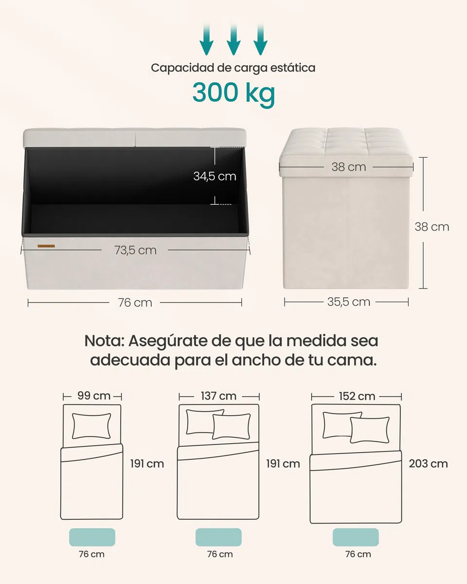 SONGMICS Puff Almancenaje, Banco Almacenaje Plegble, 38 x 76 x 38, Tapa Abatible, Taburete con Reposapiés, Carga 300 kg, Entrada, Salón, Dormitorio, Tela de Terciopelo, Beige Capuchino LSF048LH01
