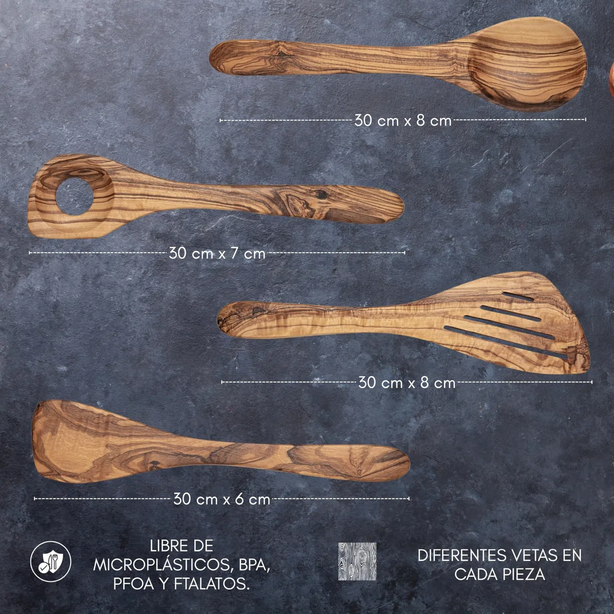 Erreke Utensilios de Cocina en Madera de Olivo Natural, Set de 4, Elegante | Juego de Utensilios de Cocina. Cuchara Madera. Espátula Cocina. Hecho a Mano. Estilo Mediterraneo. Para Cocina y Mesa