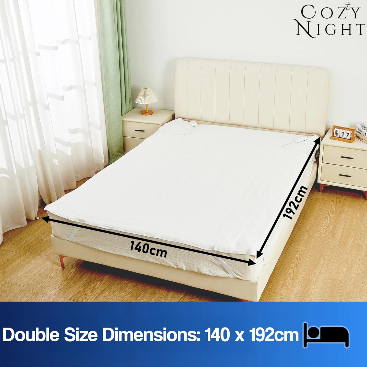 Cozy Night Manta eléctrica doble, tamaño 140 x 192 cm, funda de colchón ajustada y suave, correas de esquina de ajuste rápido, 3 niveles de calor, control dual de 70W y lavable a máquina