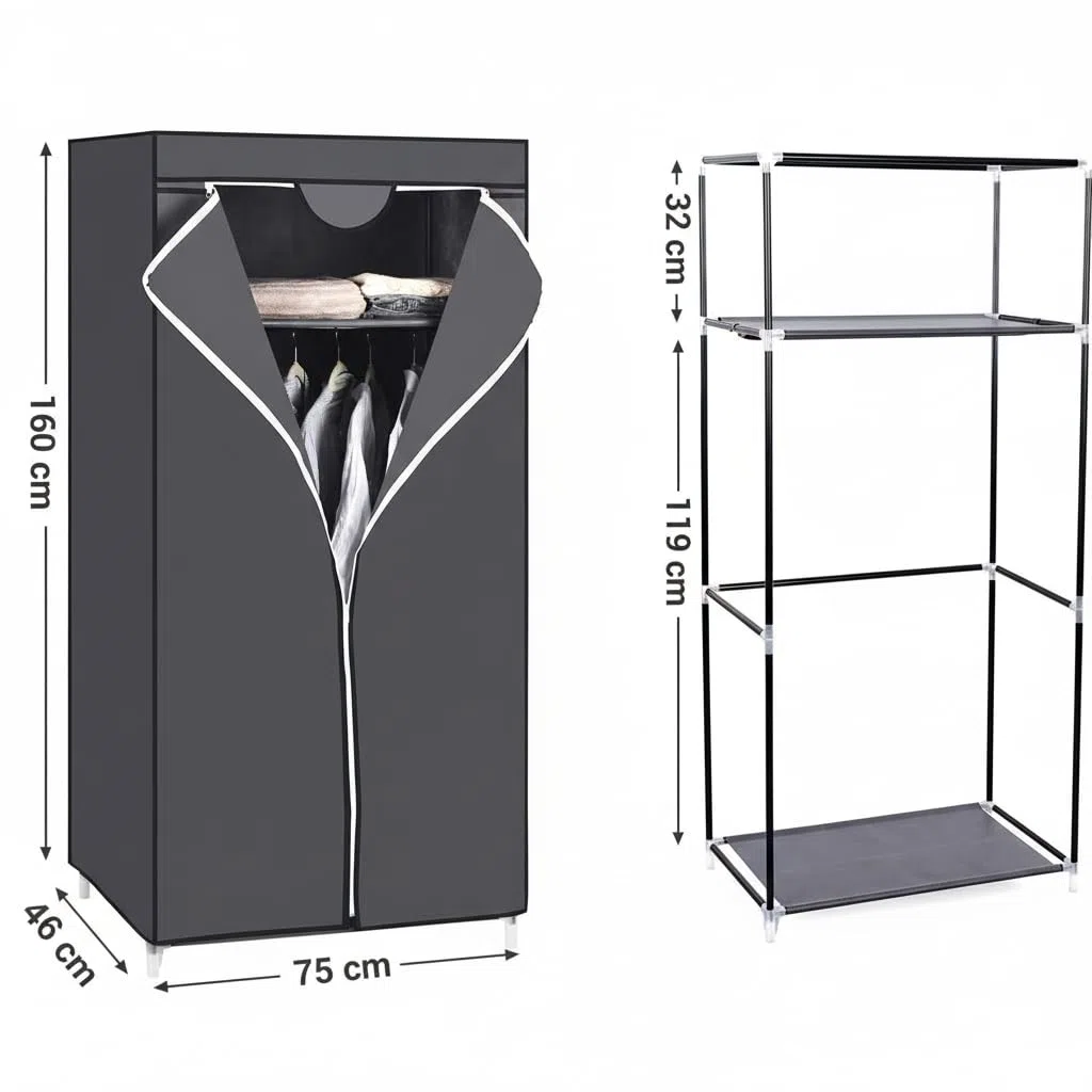 INDE MOBLEKIT | Armario Desmontable de Tela 75x46x160 cm, Ropero Auxiliar con Cremallera y Estructura Metálica, Armario de Tela TNT para Dormitorio, Almacenaje o Mudanzas