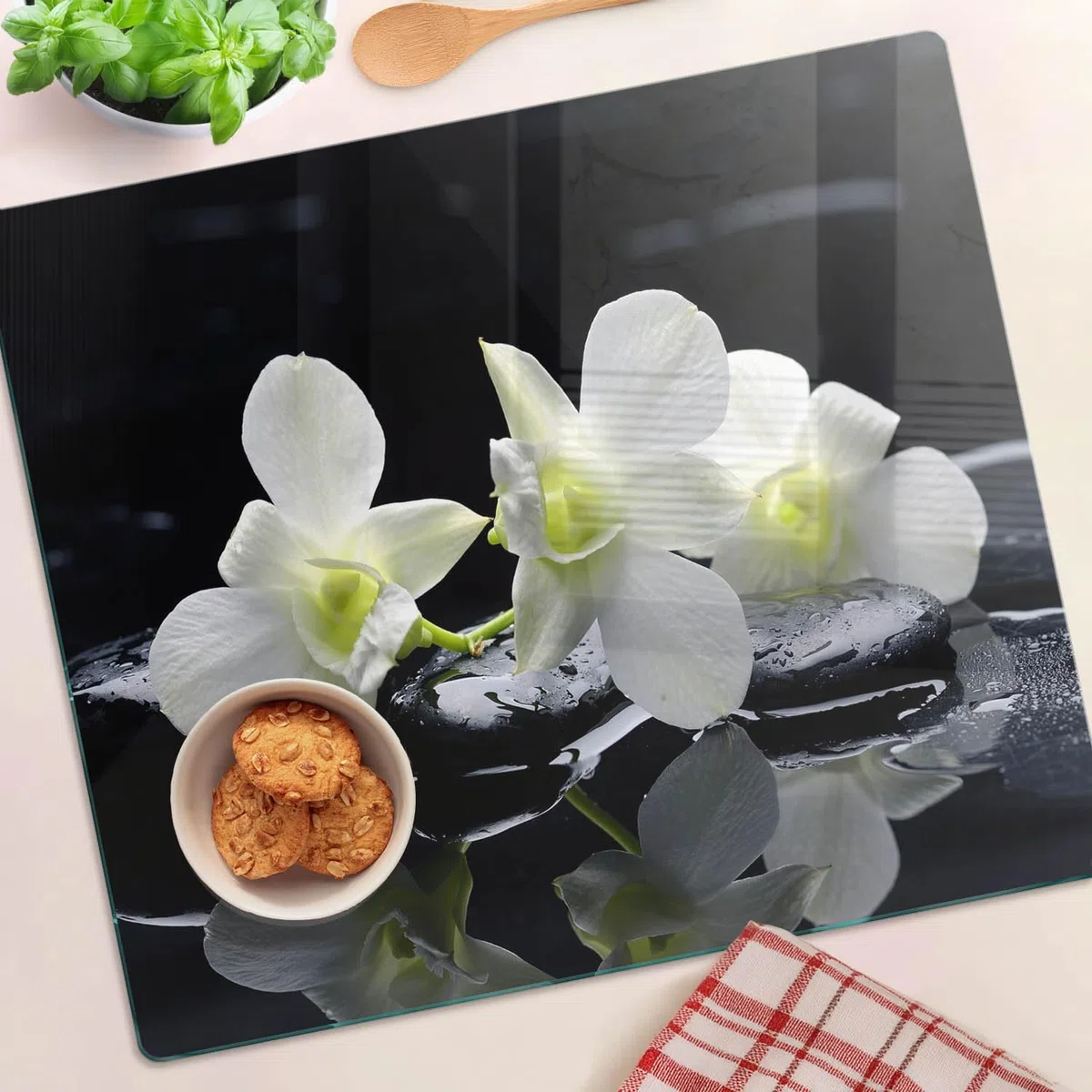 Tabla de Cortar Protector 60x52 cm de Vidrio Templado Resistente Decorativa Higienicas Placa de Corte Patas de Silicona Una Pieza Fina para Encimera de Cocina - Orquídea