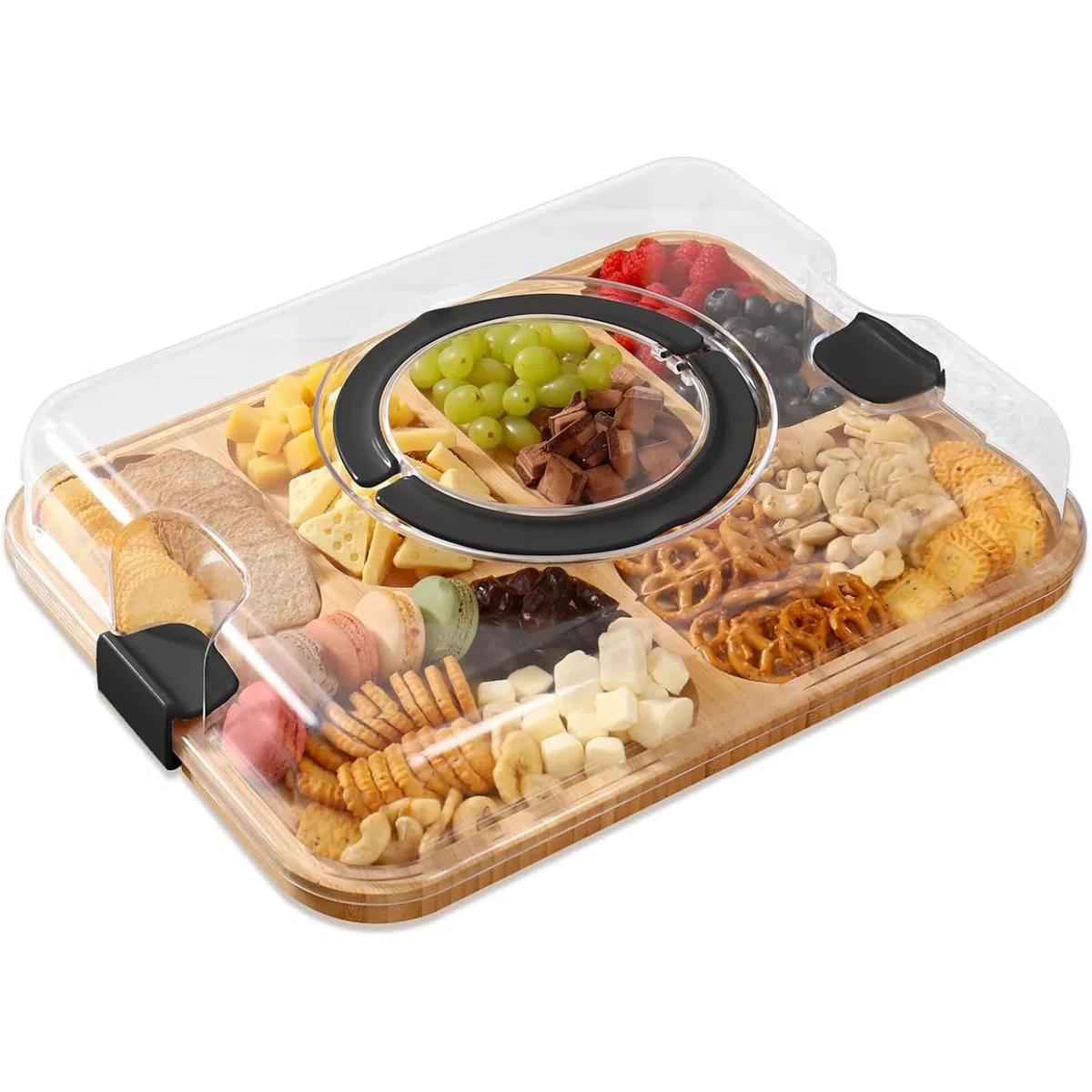 Tablero de charcutería con tapa, 41.9x33cm tablas de charcutería de bambú con mango de tapa transparente, 6 compartimentos que sirven bandeja, tablas de queso portátiles para bocadillos de comida de