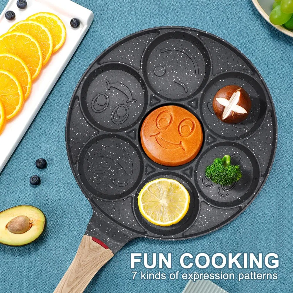 Sarten para Tortitas Smiley, Molde Tortitas Antiadherente 7 Agujeros Sartén para Crepés de Desayuno para Niños 26 cm - Negro