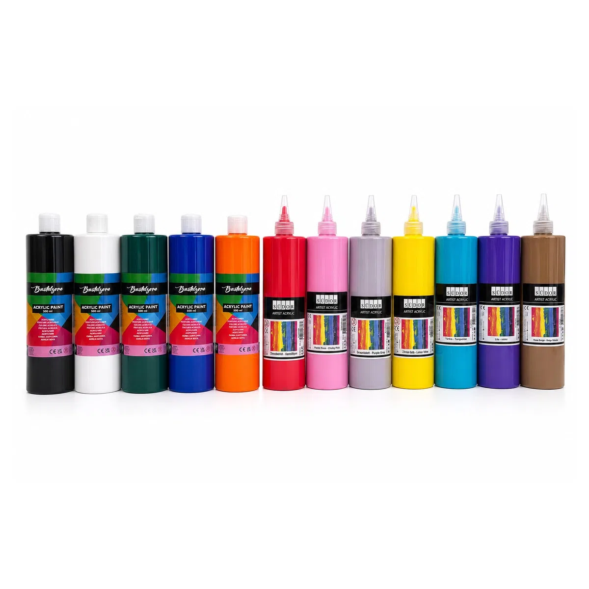 SÜDOR Juego de 12 pinturas acrílicas de 500 ml. Colores base altamente pigmentados. Pinturas opacas para madera, piedra, lienzo, papel, tela, cuero, metal. pinturas para todo uso