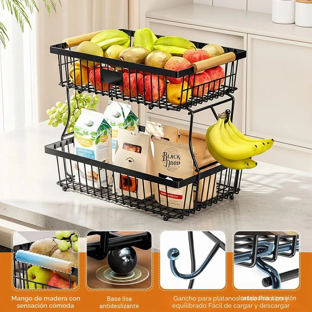 Frutero 2 Pisos, Fruteros de Cocina, Diseño Desmontable, Frutero para Guardar Fruta y Verdura (Negro)
