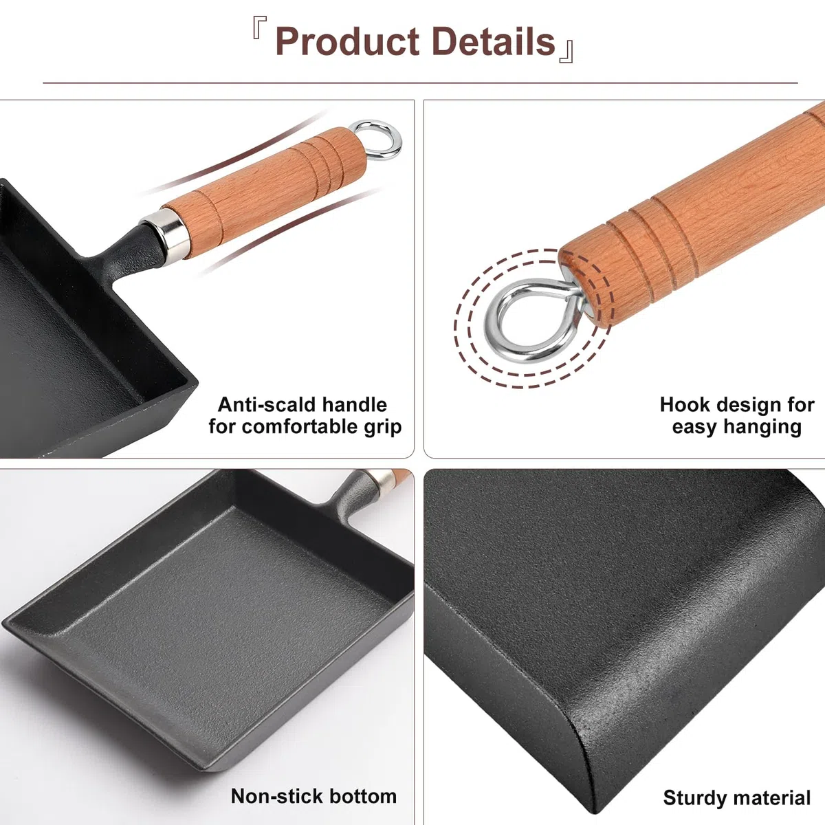 Tissting 15.5CM Sartén Plana para Desayuno, Sartén de Hierro Fundido con Mango de Madera, Sartén Rectangular para Tortilla Japonesa Tamagoyaki, Para Cocina de Inducción de Gas Universal