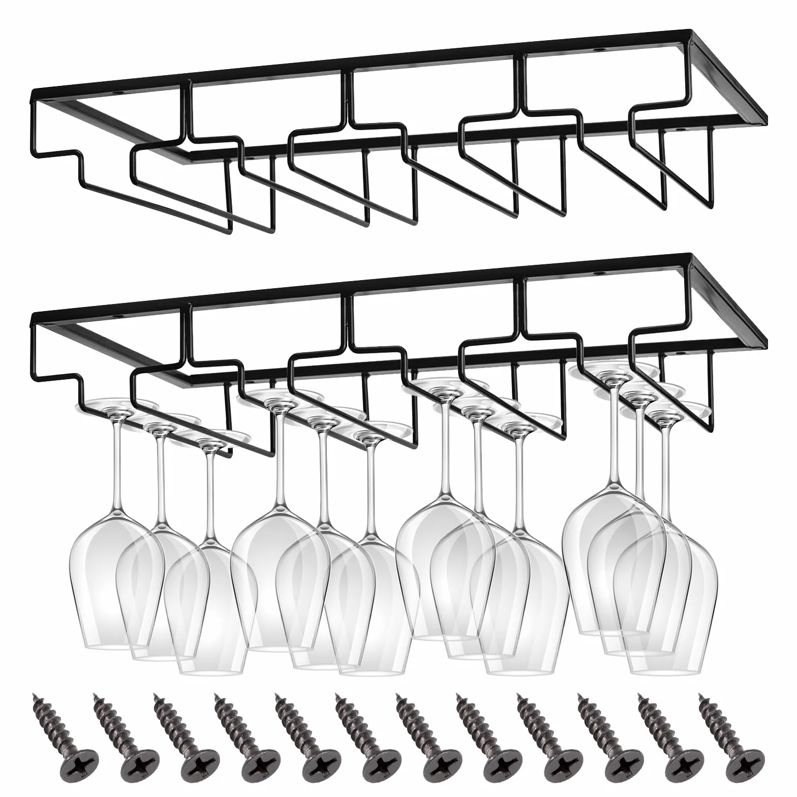 ROEXUN 2 Piezas 4 Filas Soportes para Copas de Vino de Metal,Estante Colgante para Copas de Vino con Tornillos,Colgador de Copas Invertido,Colgador Copas con Tallo para Familia,Restaurante,Hotel Bar