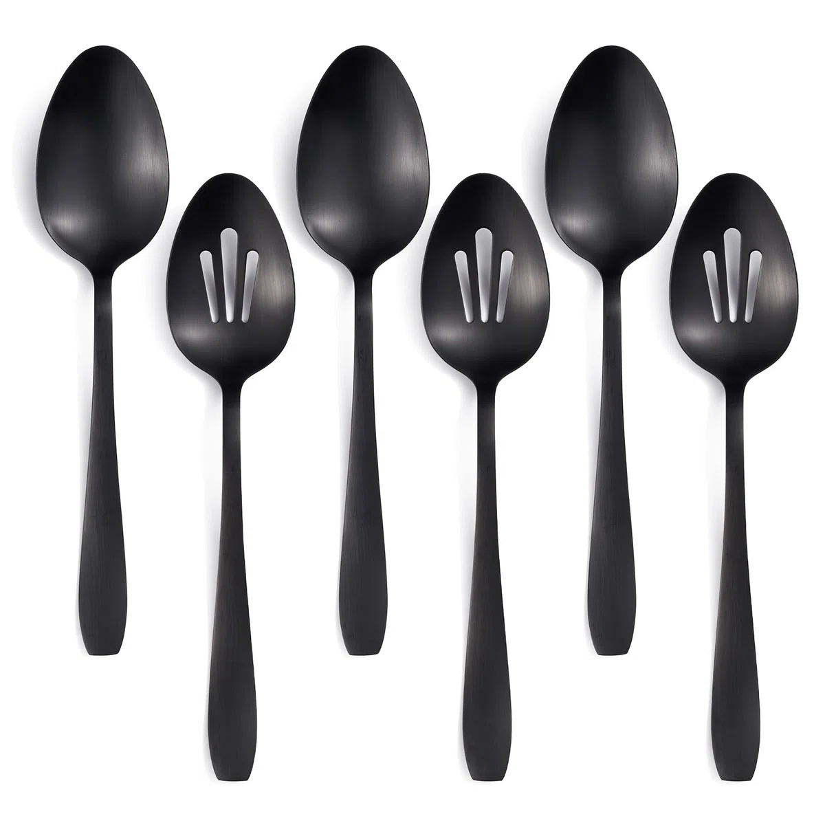 Juego de 6 piezas de servir grandes, 3 cucharas y 3 cucharas ranuradas, utensilios de acero inoxidable negro mate de 10.6 pulgadas, aptos para lavavajillas, para cocina, bufé, fiesta